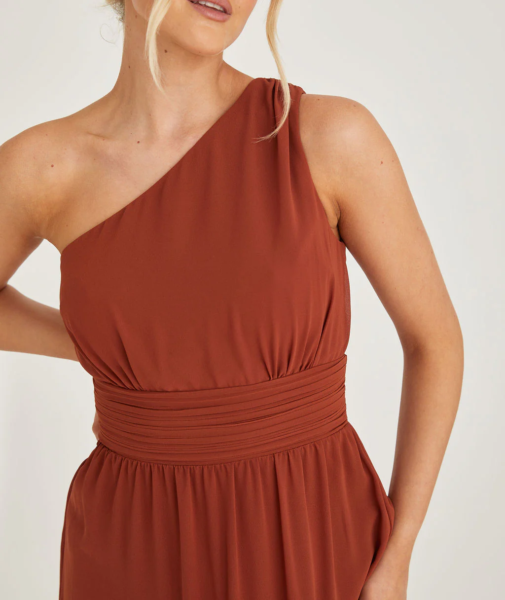 One Shoulder Chiffon Bridesmaid Dress - Rust - Image 6