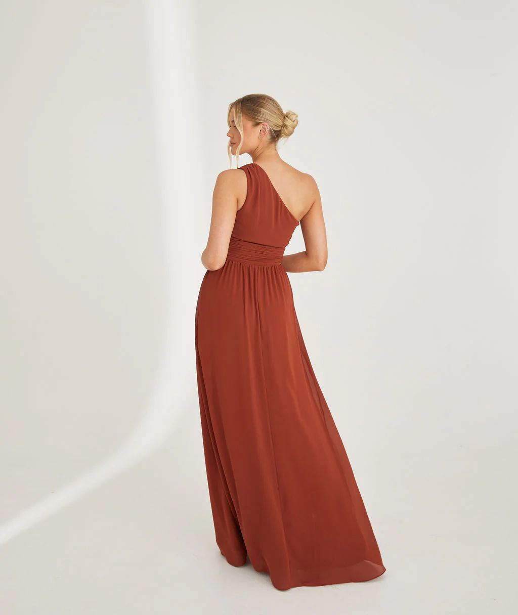 One Shoulder Chiffon Bridesmaid Dress - Rust - Image 7