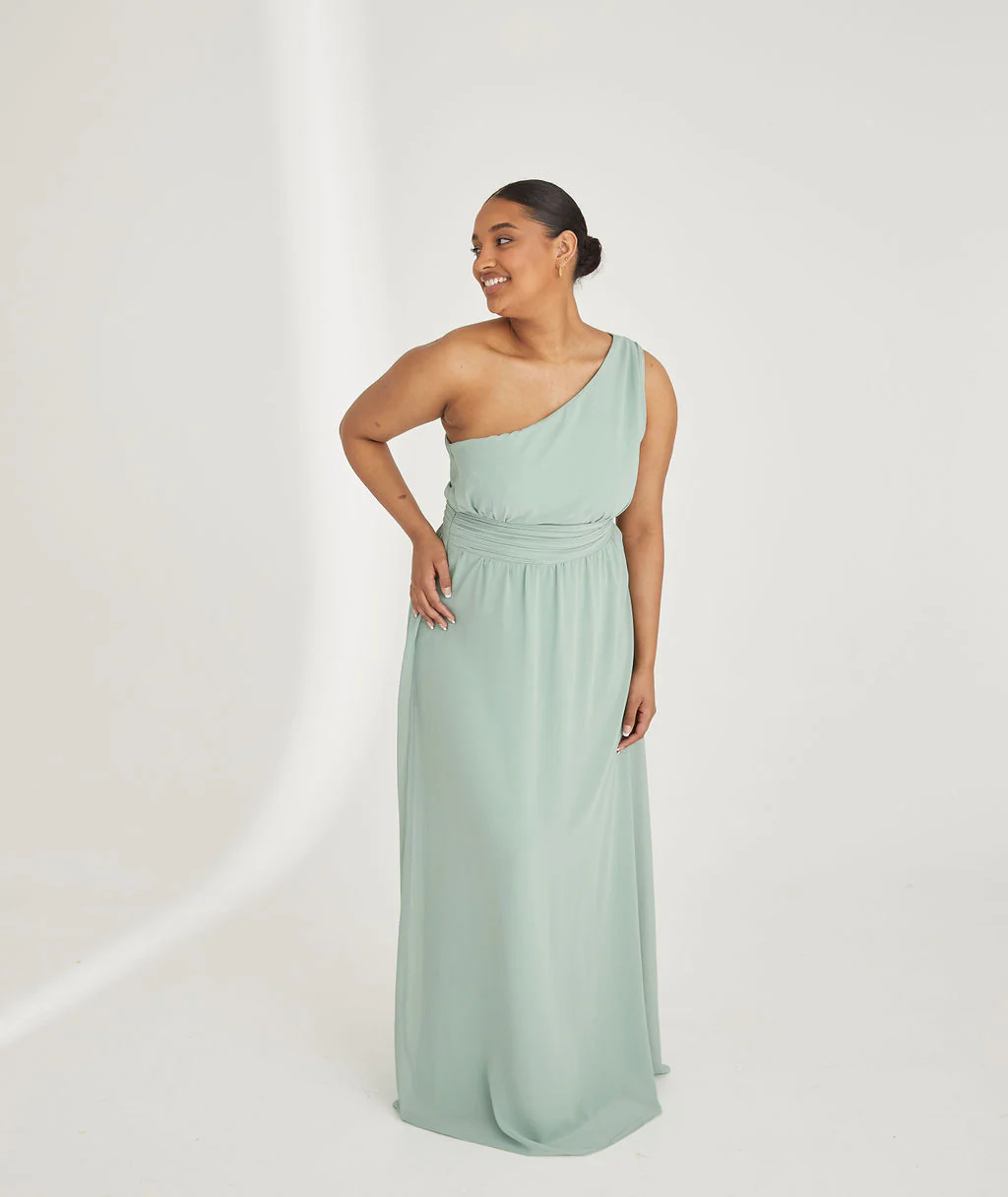 One Shoulder Chiffon Bridesmaid Dress - Sage - Image 3