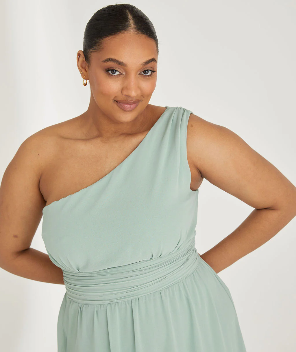 One Shoulder Chiffon Bridesmaid Dress - Sage - Image 6