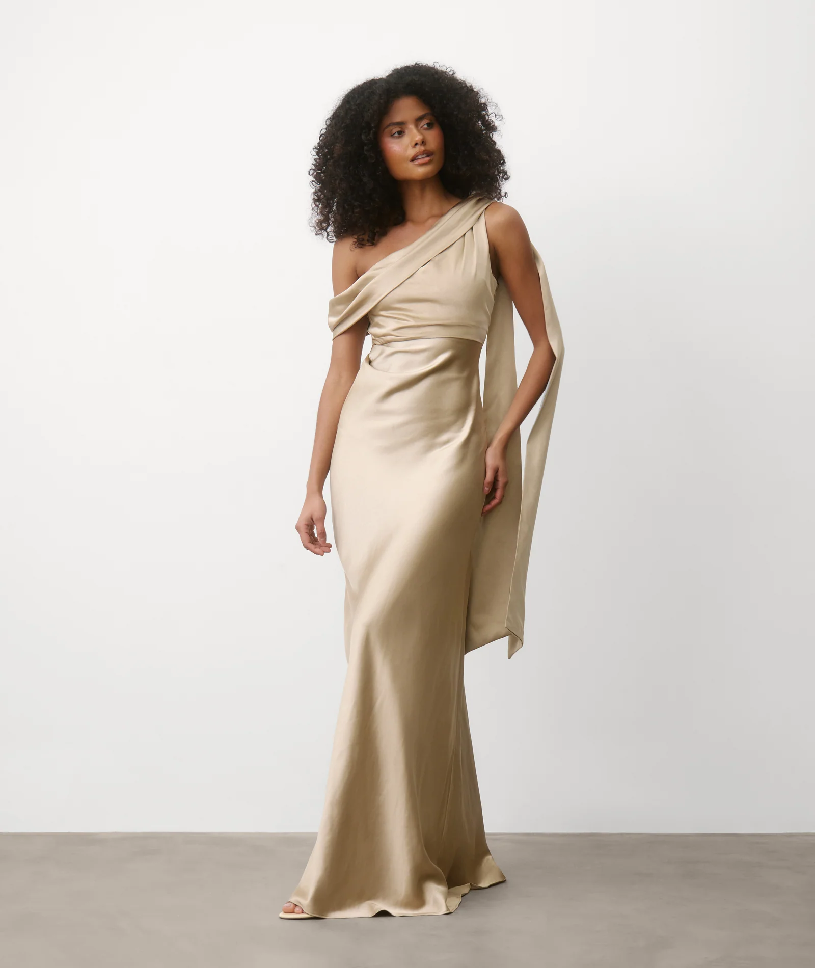 One Shoulder Drape Satin Bridesmaid Dress - Champagne - Image 3
