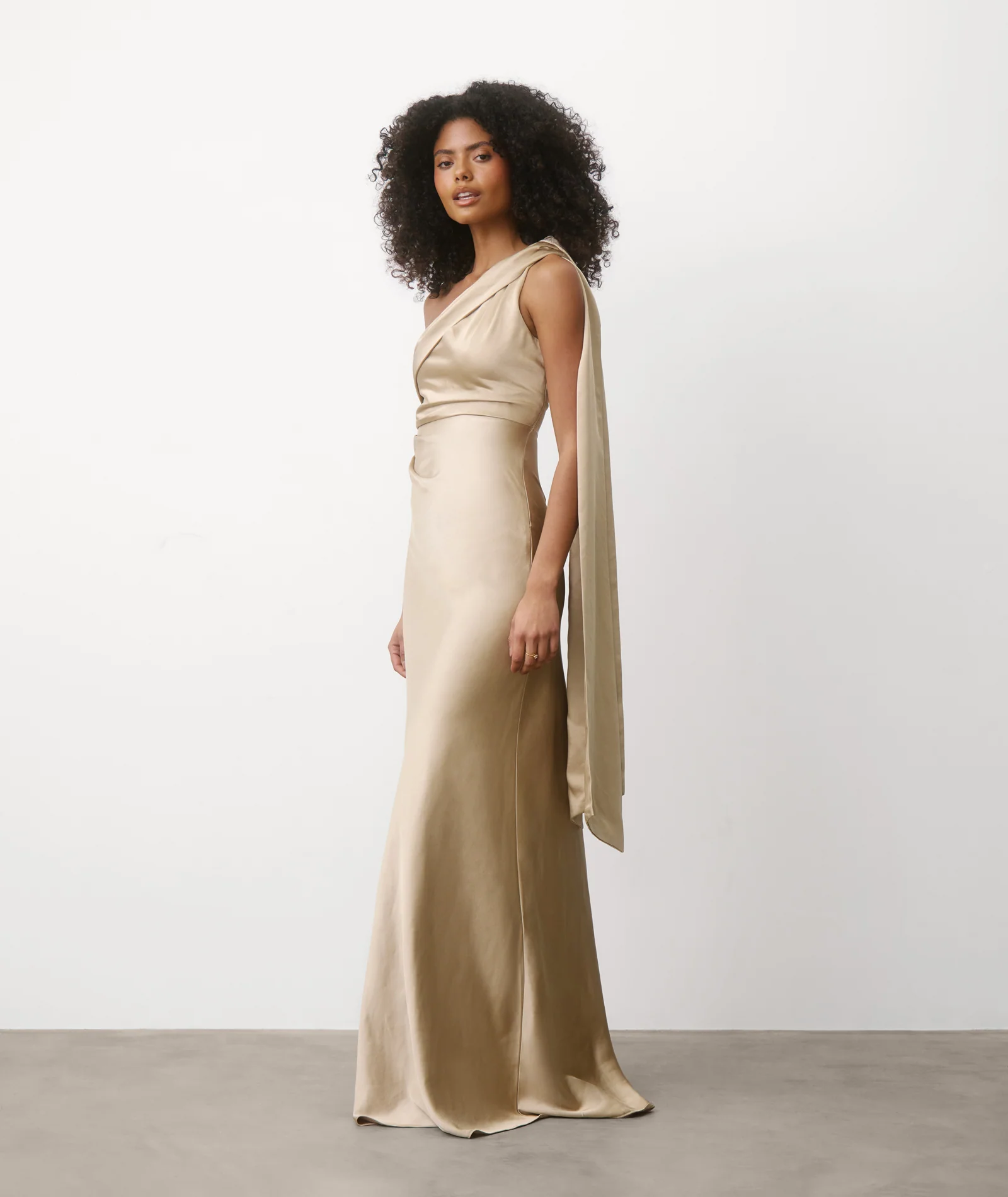 One Shoulder Drape Satin Bridesmaid Dress - Champagne - Image 6