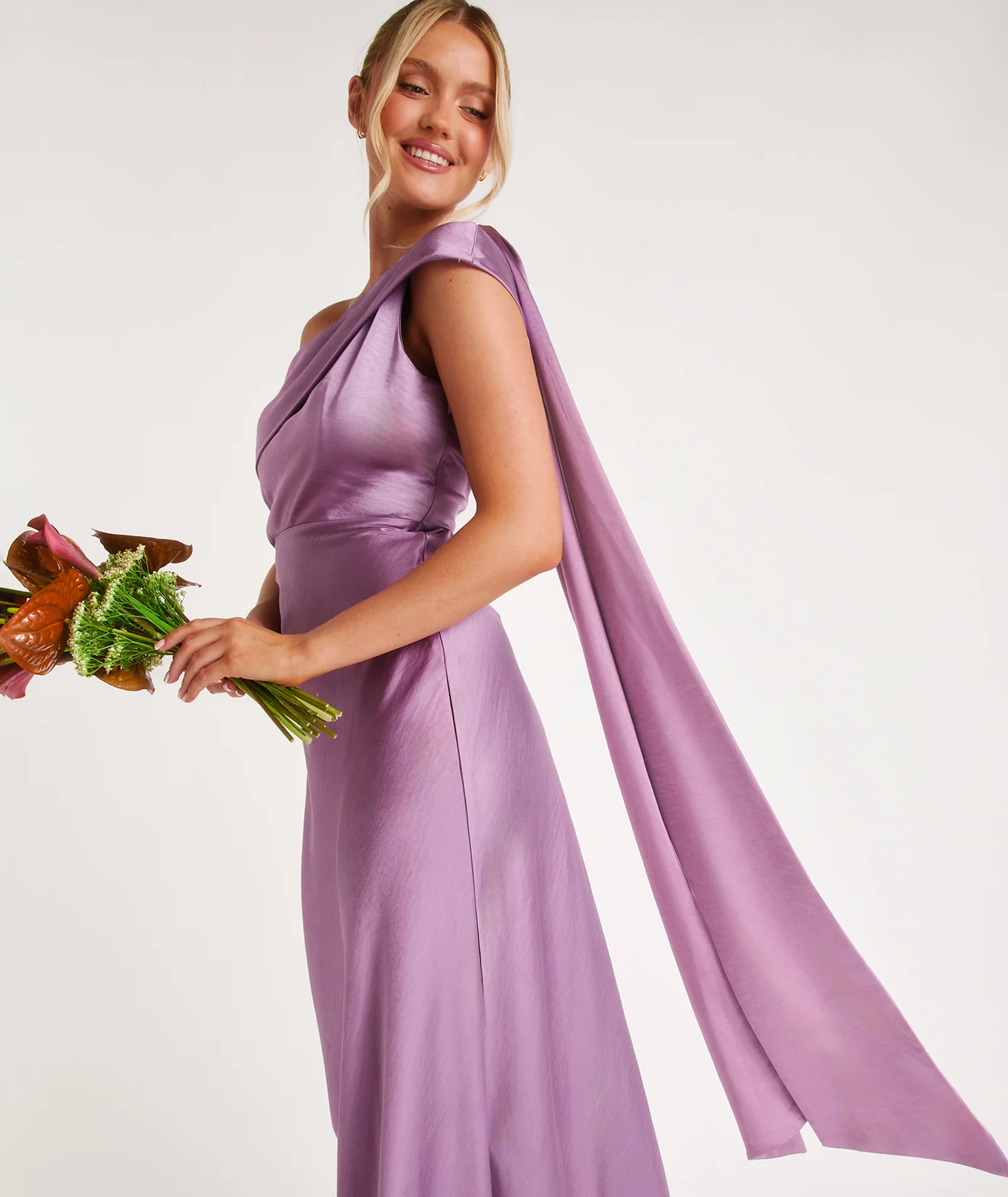 One Shoulder Drape Satin Bridesmaid Dress - Orchid - Image 3