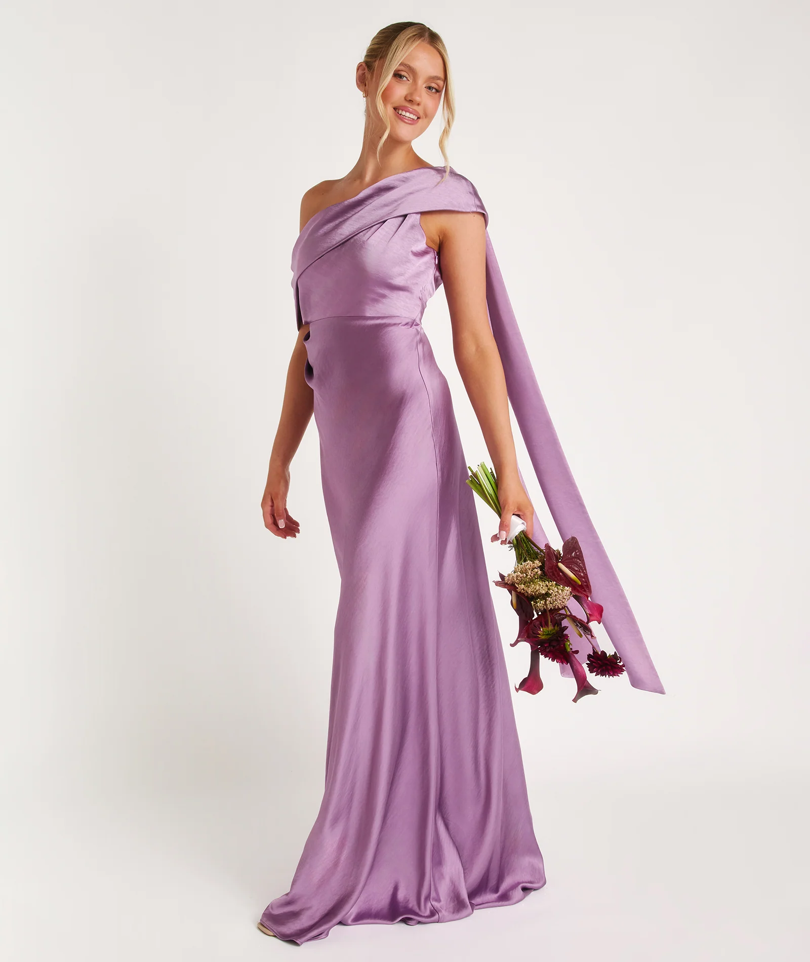 One Shoulder Drape Satin Bridesmaid Dress - Orchid - Image 4