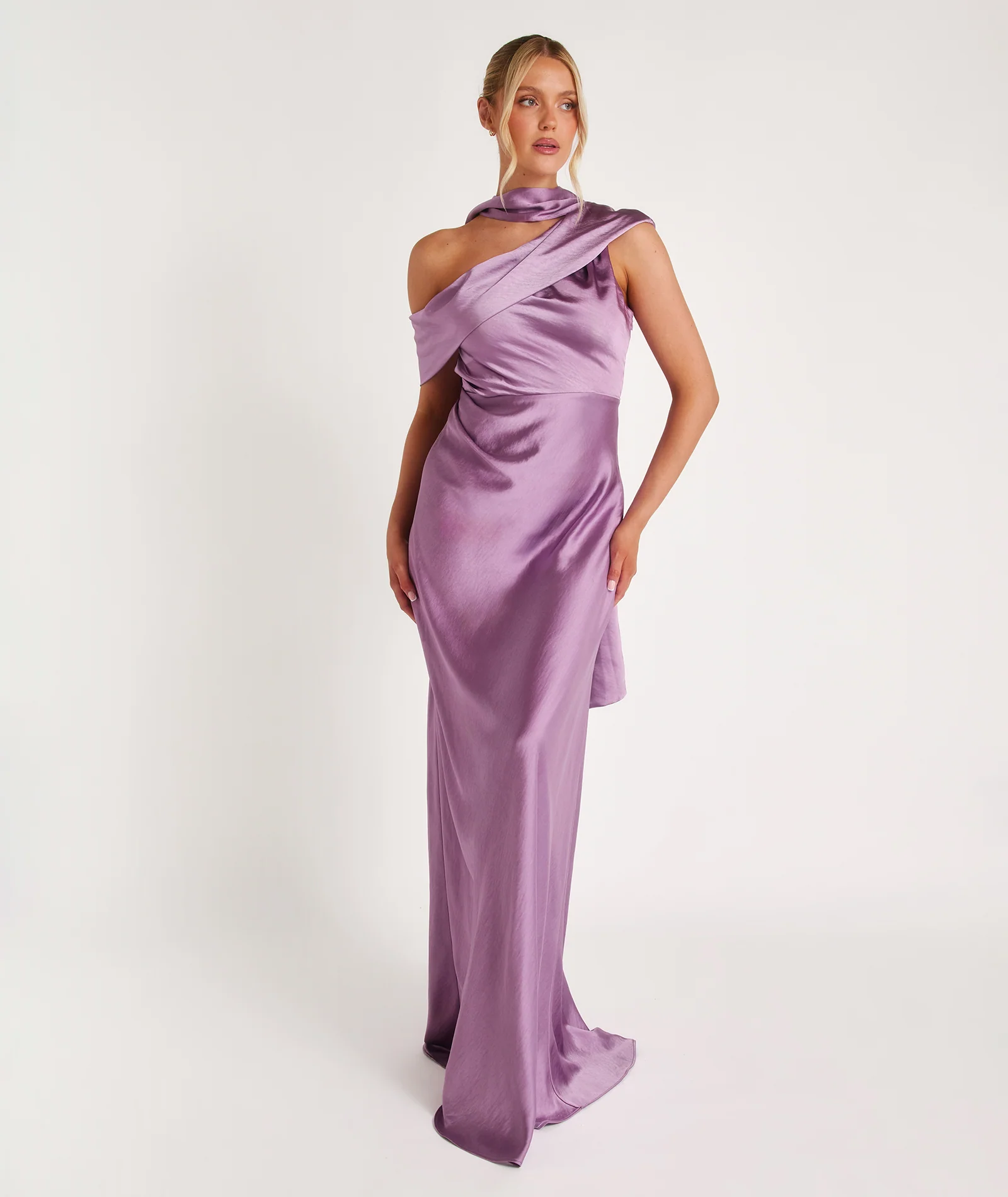 One Shoulder Drape Satin Bridesmaid Dress - Orchid - Image 7