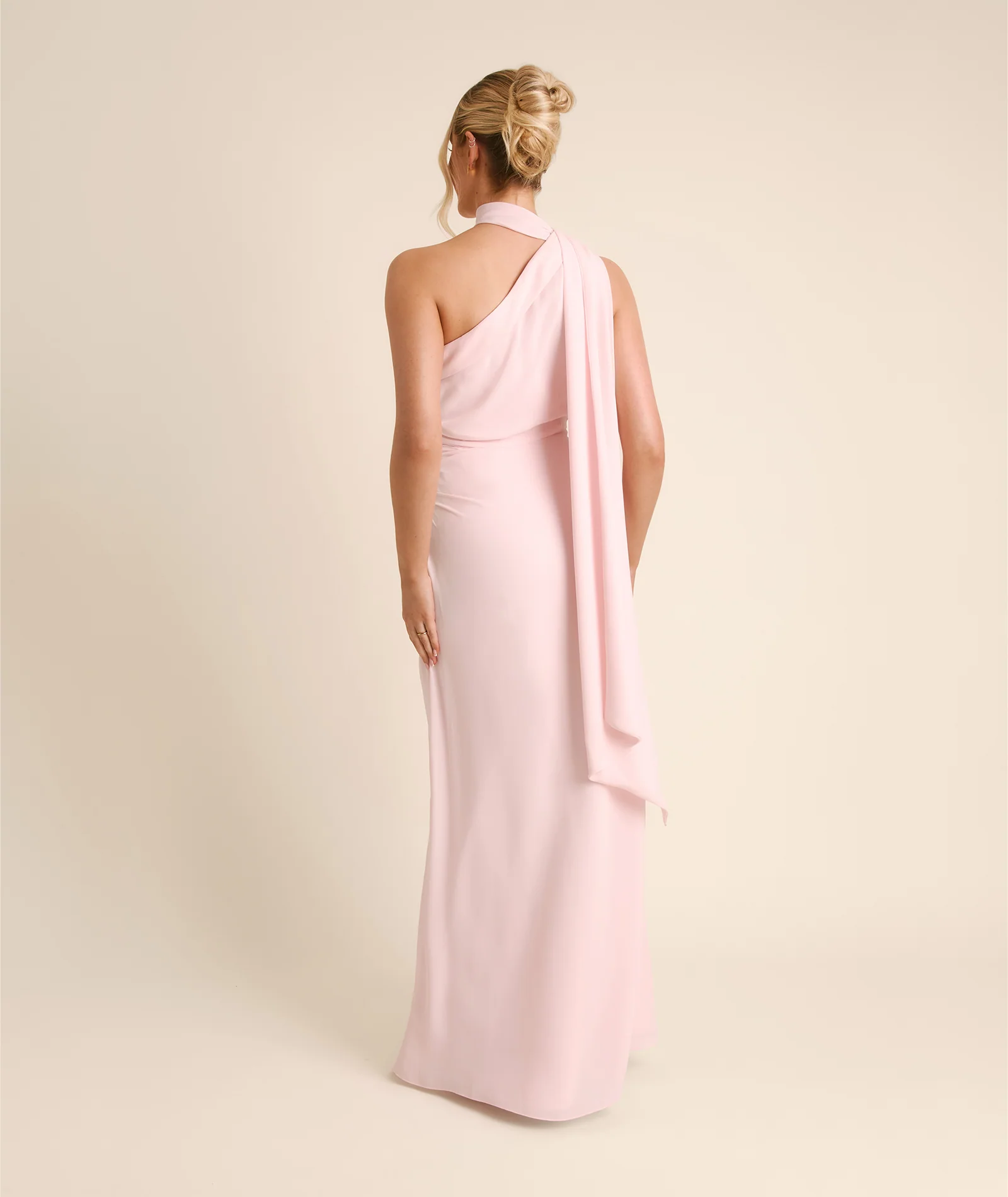 One Shoulder Neck Tie Chiffon Bridesmaid Dress - Blush Pink - Image 3