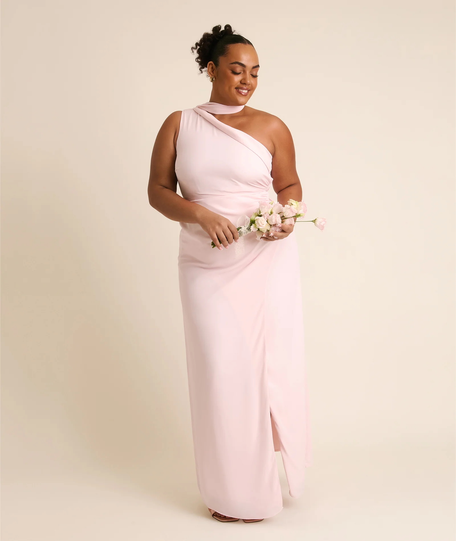 One Shoulder Neck Tie Chiffon Bridesmaid Dress - Blush Pink - Image 5