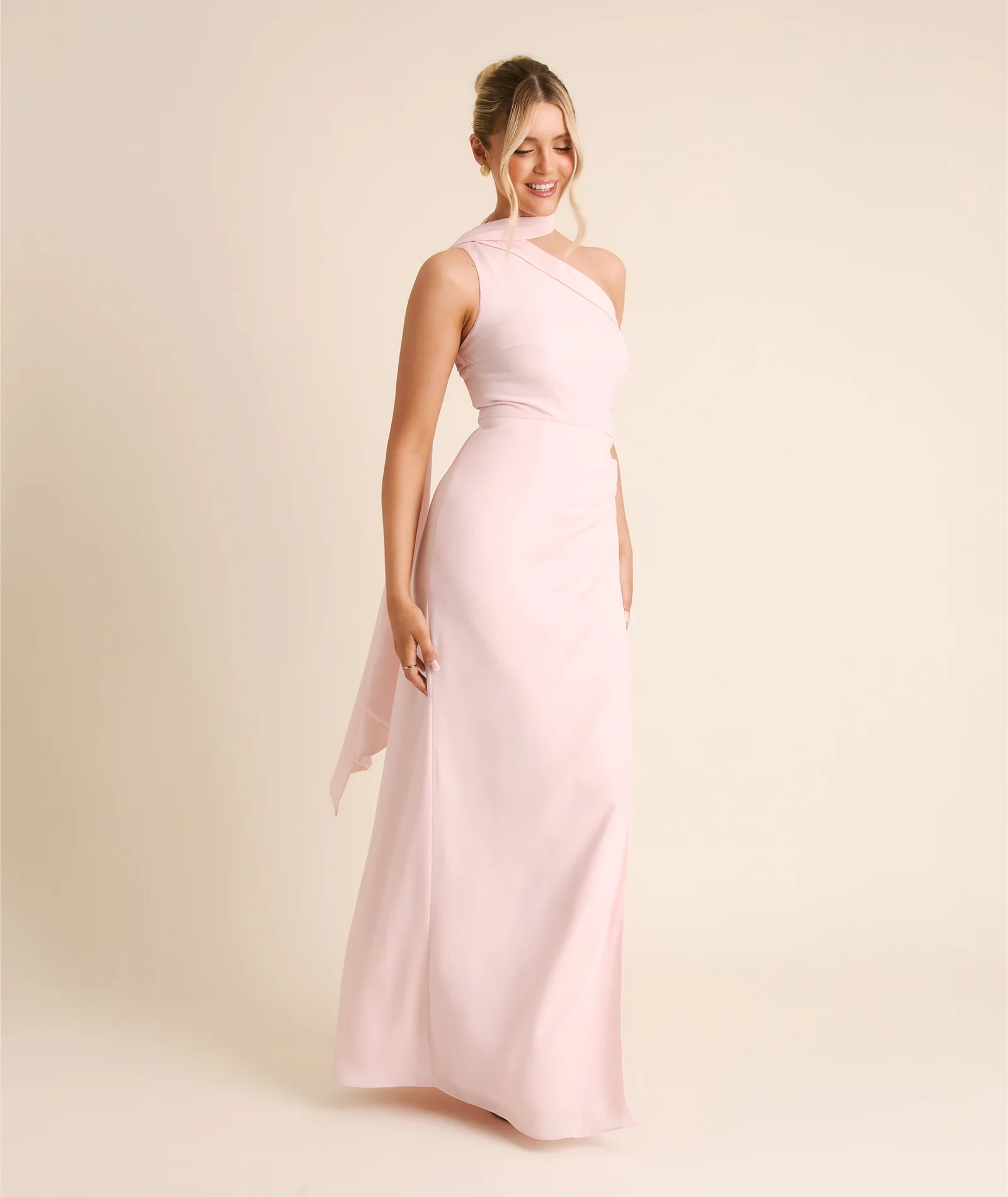 One Shoulder Neck Tie Chiffon Bridesmaid Dress - Blush Pink - Image 6