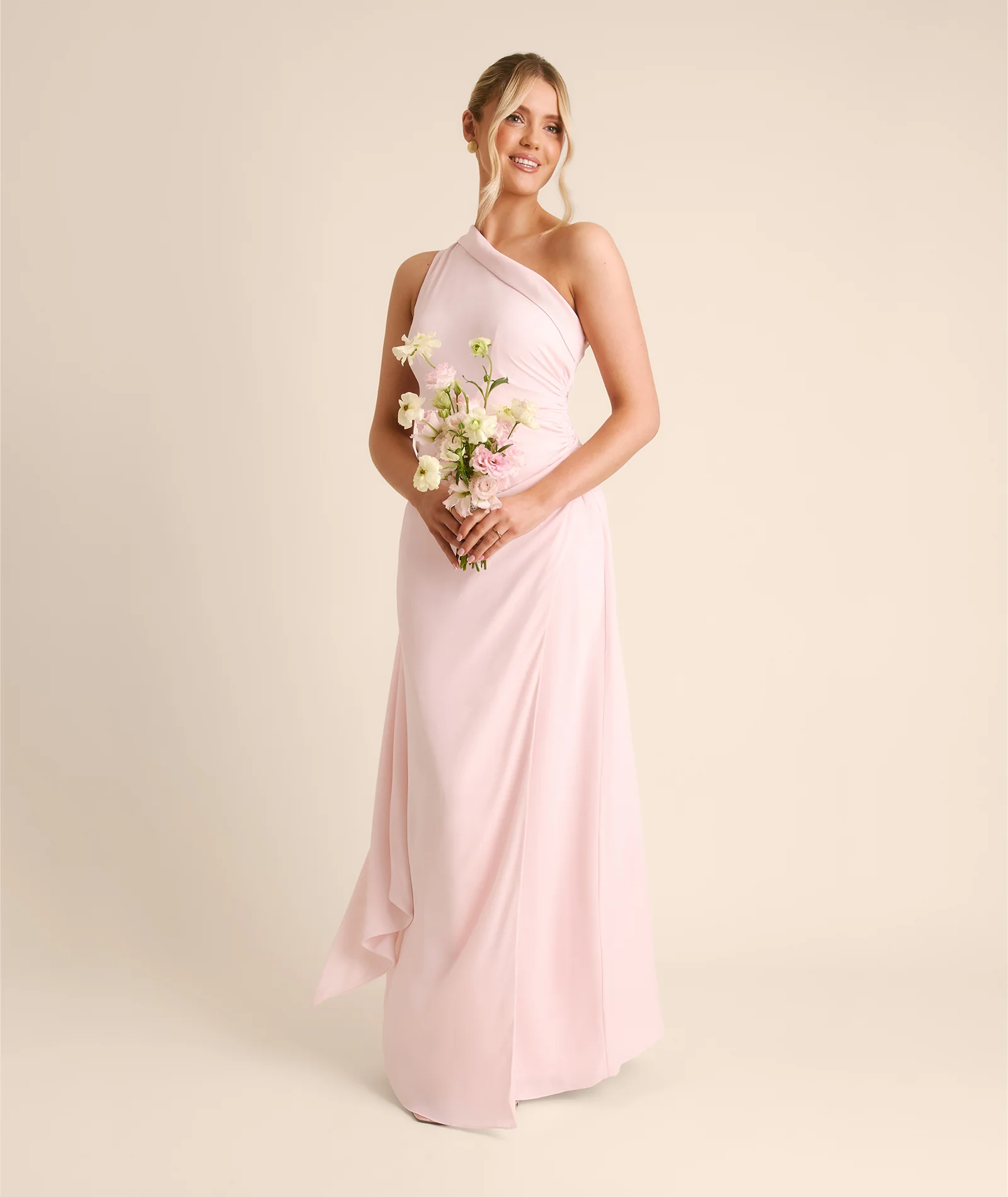 One Shoulder Neck Tie Chiffon Bridesmaid Dress - Blush Pink - Image 7