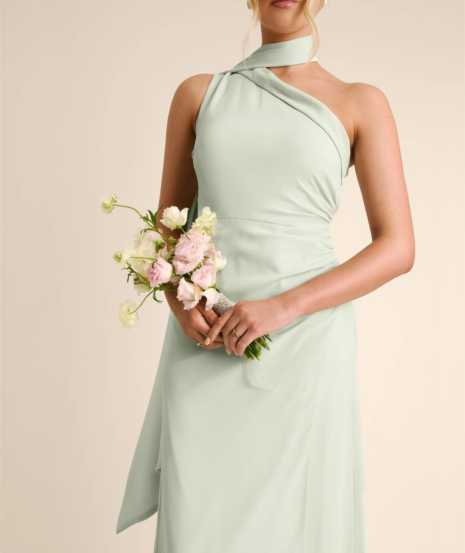One Shoulder Neck Tie Chiffon Bridesmaid Dress - Mint Green - Image 3