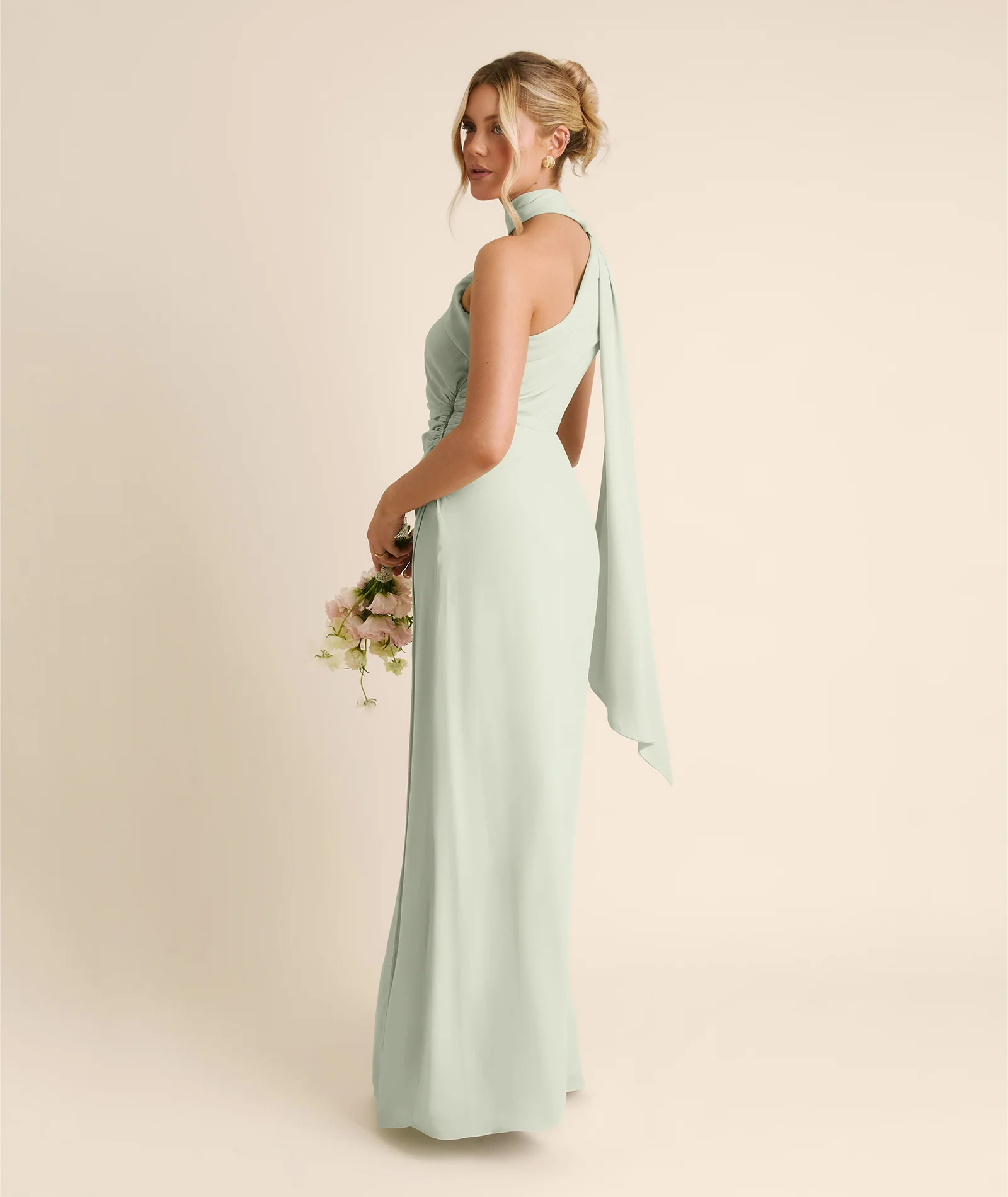 One Shoulder Neck Tie Chiffon Bridesmaid Dress - Mint Green - Image 4