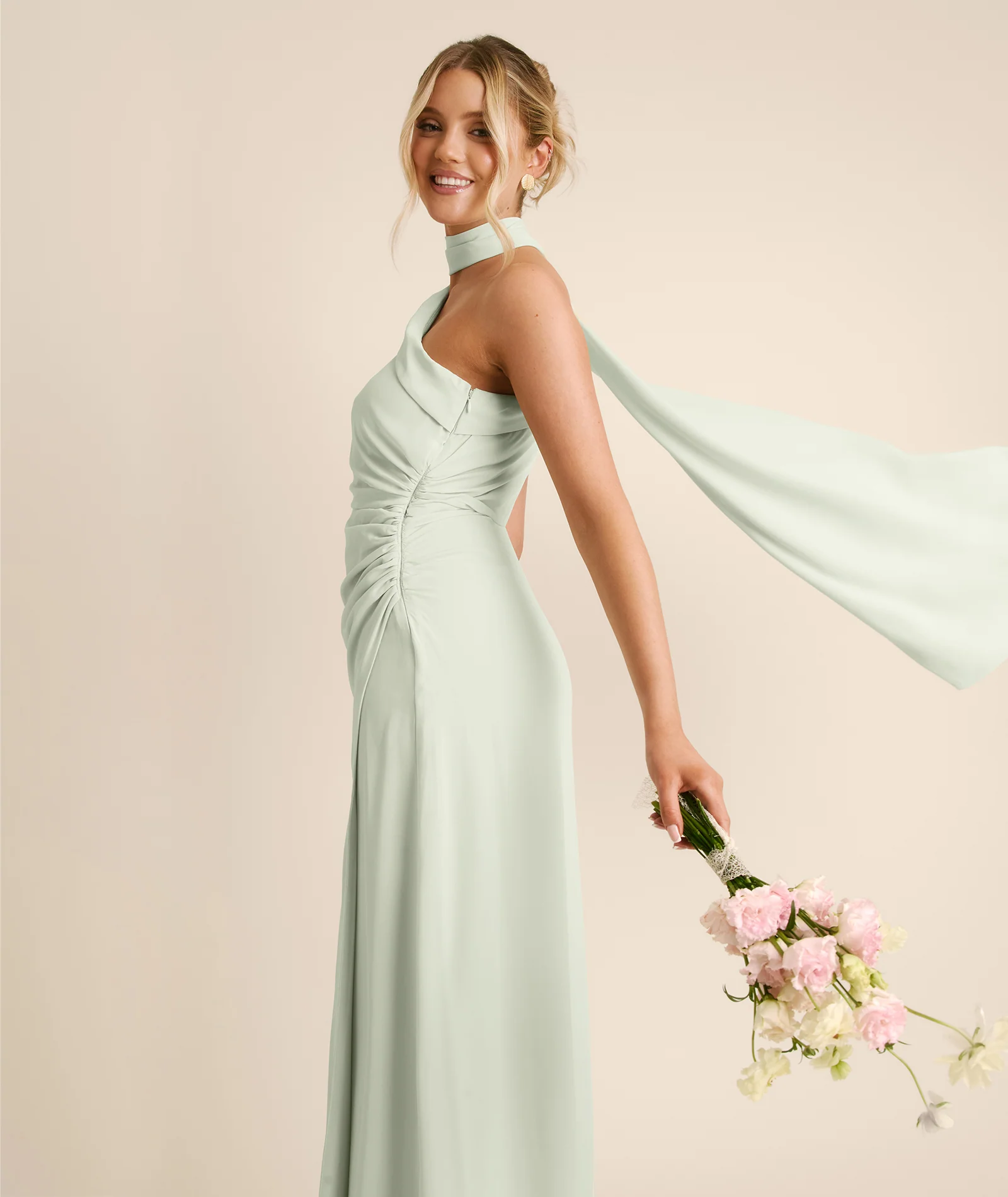 One Shoulder Neck Tie Chiffon Bridesmaid Dress - Mint Green - Image 5