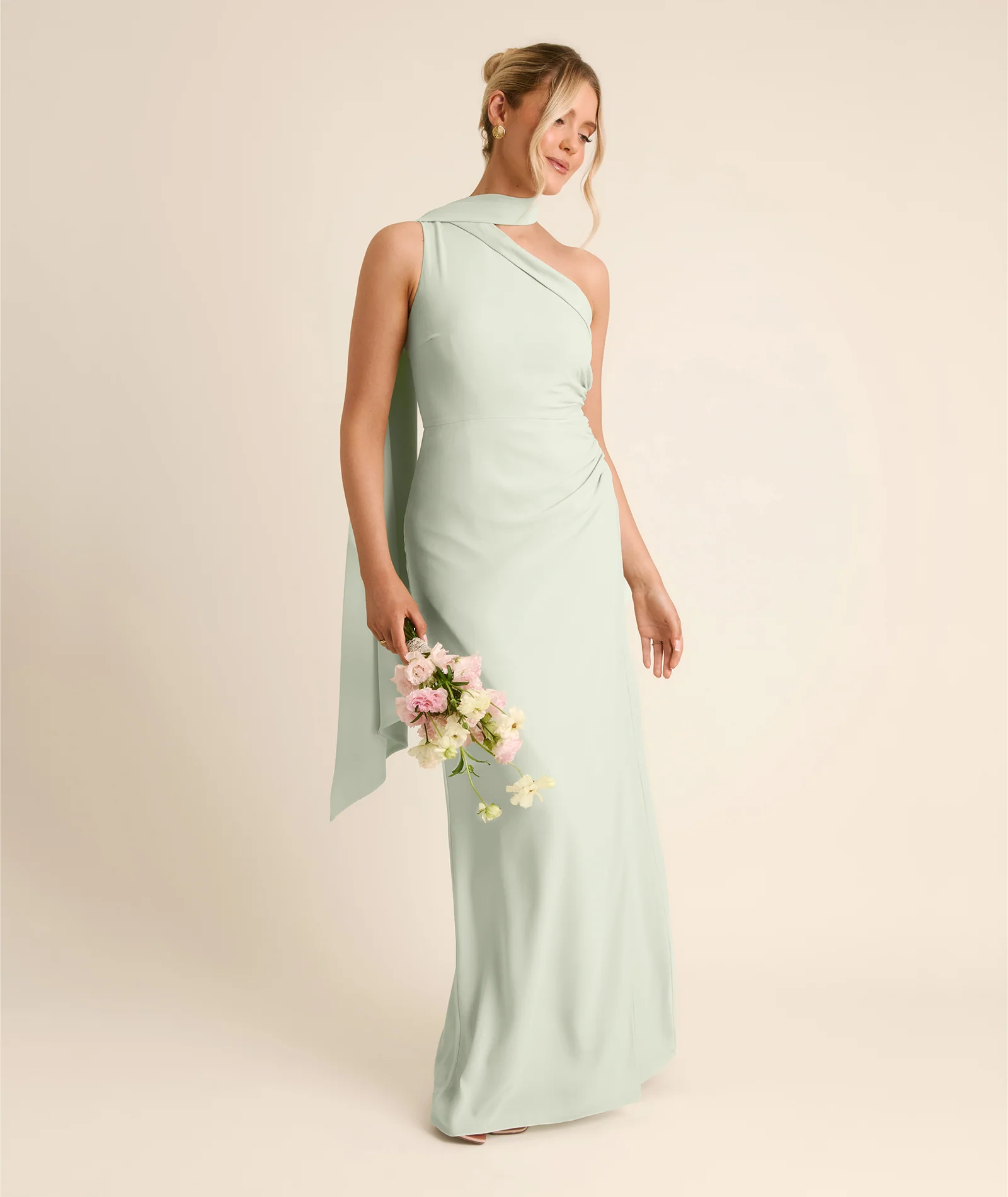 One Shoulder Neck Tie Chiffon Bridesmaid Dress - Mint Green - Image 6