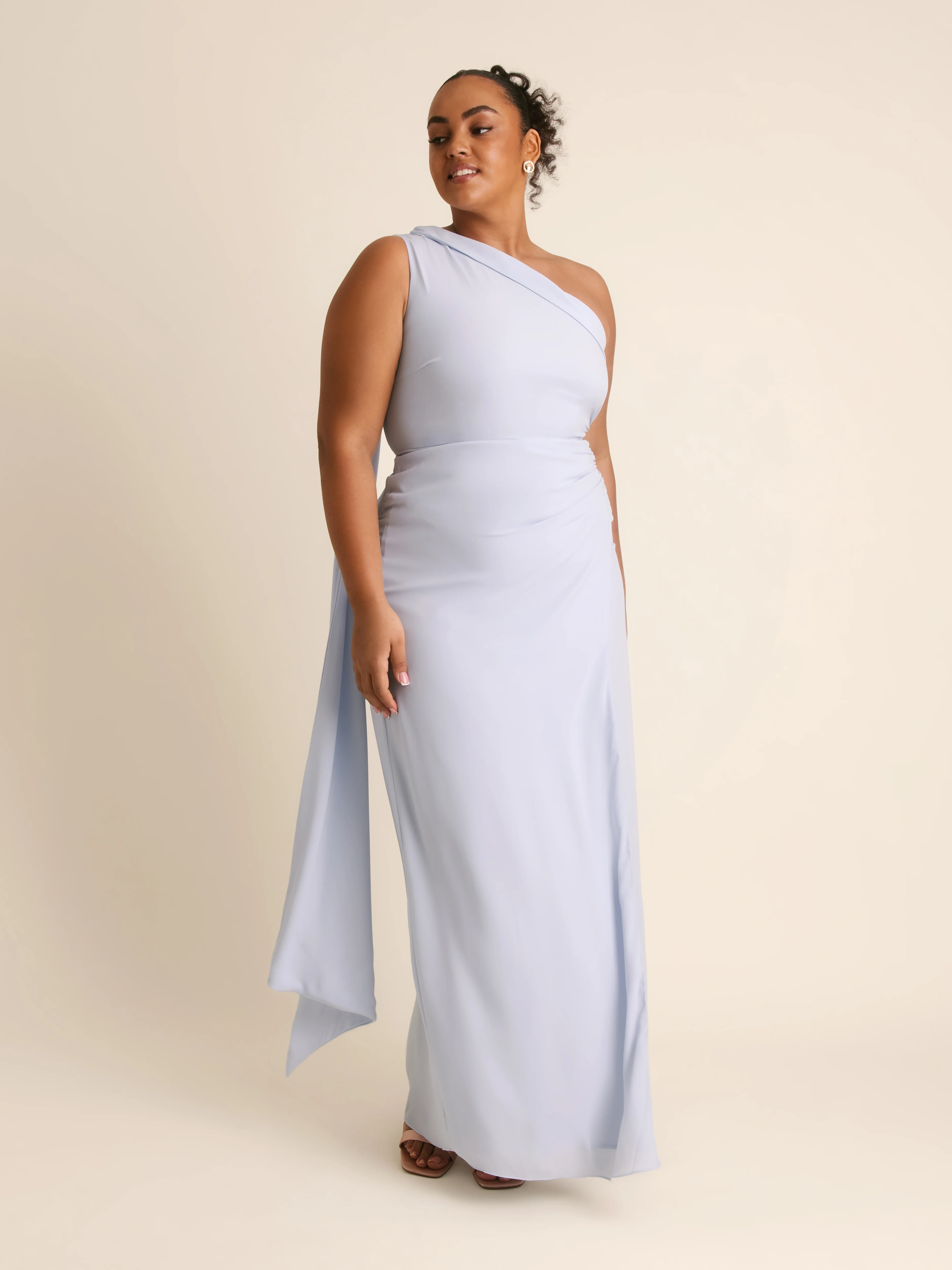 One Shoulder Neck Tie Chiffon Bridesmaid Dress - Powder Blue - Image 6