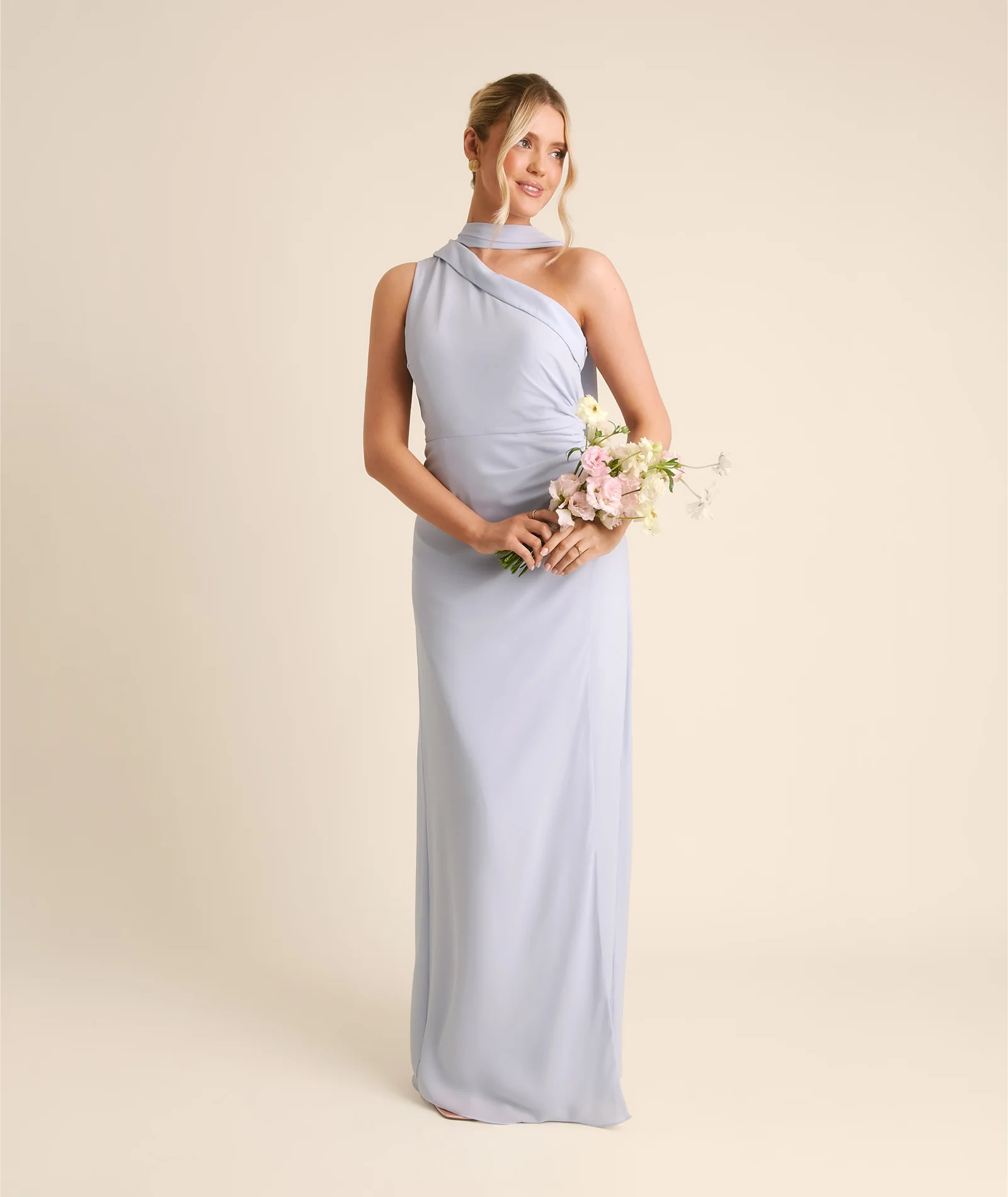 One Shoulder Neck Tie Chiffon Bridesmaid Dress - Powder Blue - Image 7