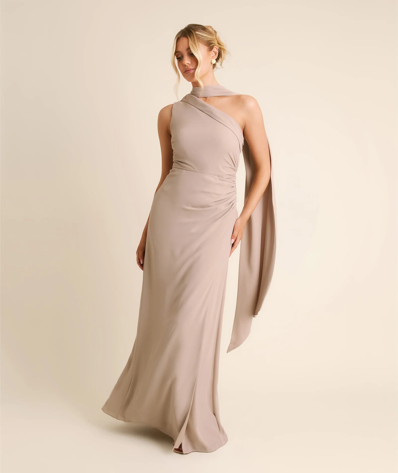 One Shoulder Neck Tie Chiffon Bridesmaid Dress - Taupe - Image 3