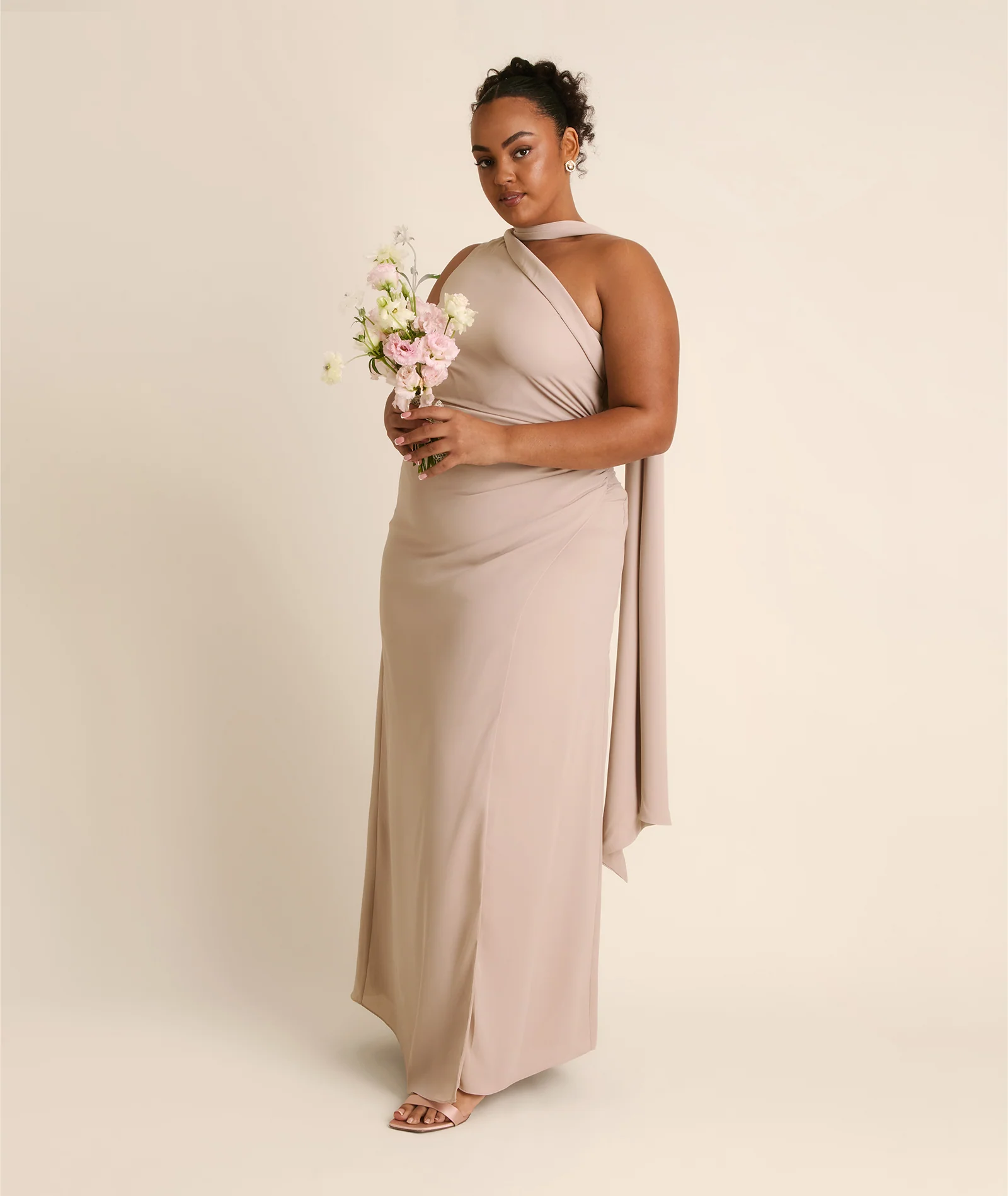 One Shoulder Neck Tie Chiffon Bridesmaid Dress - Taupe - Image 5