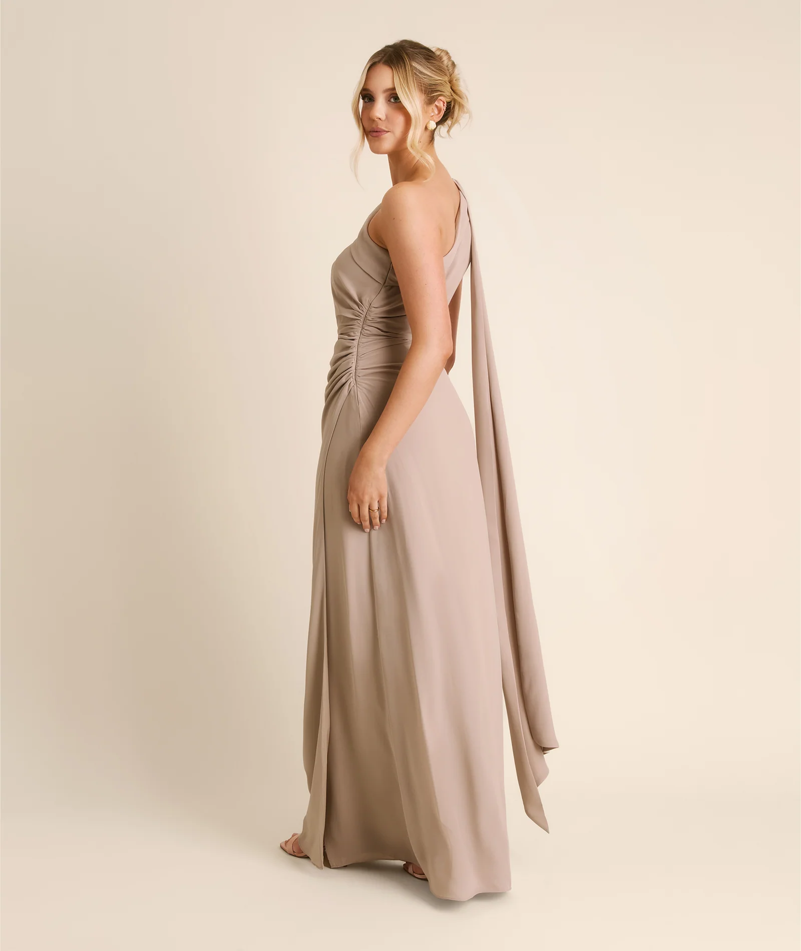 One Shoulder Neck Tie Chiffon Bridesmaid Dress - Taupe - Image 6