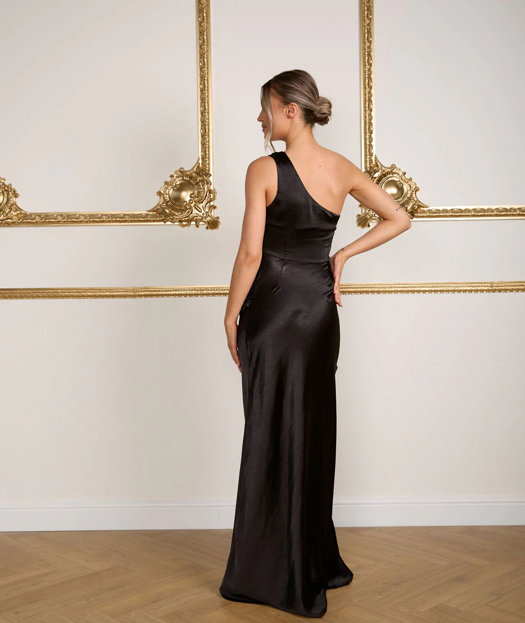One Shoulder Satin Bridesmaid Dress - Black - Image 3