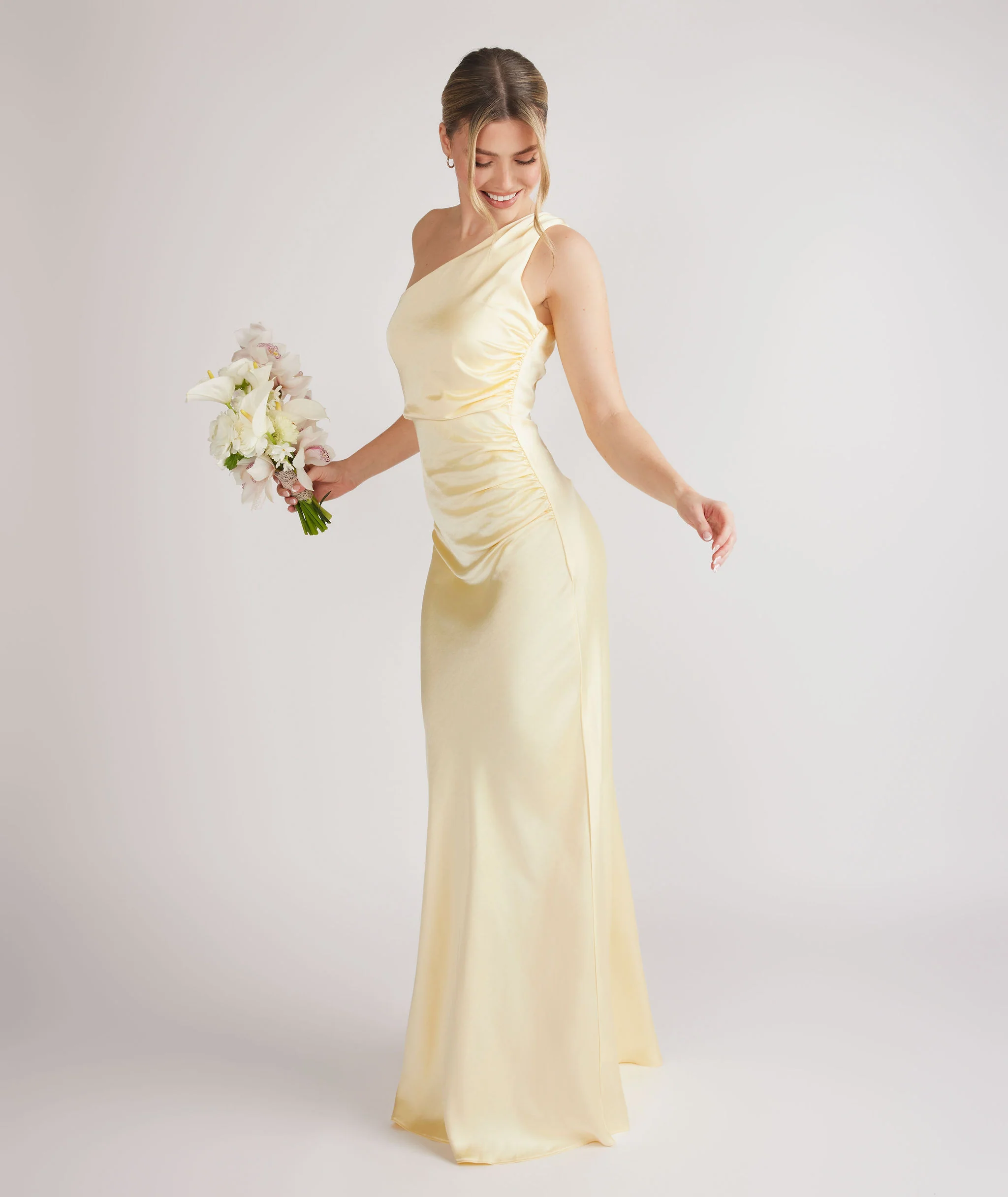 One Shoulder Satin Bridesmaid Dress - Butter Lemon - Image 3