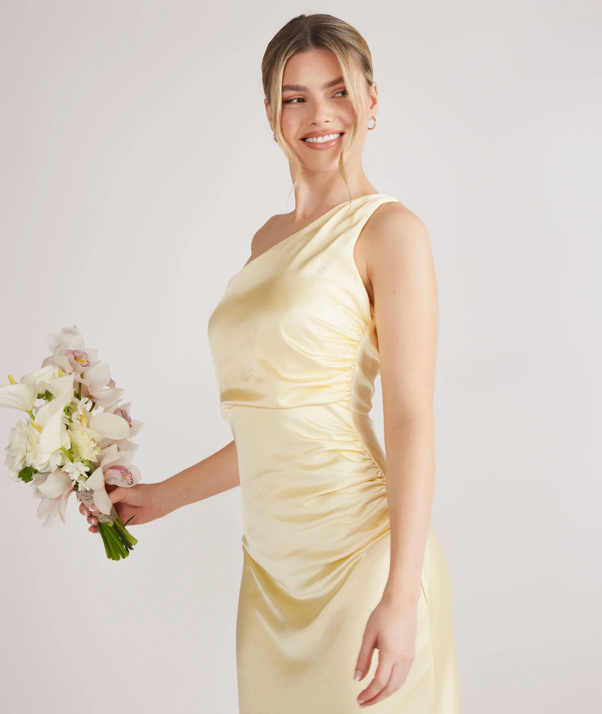 One Shoulder Satin Bridesmaid Dress - Butter Lemon - Image 4
