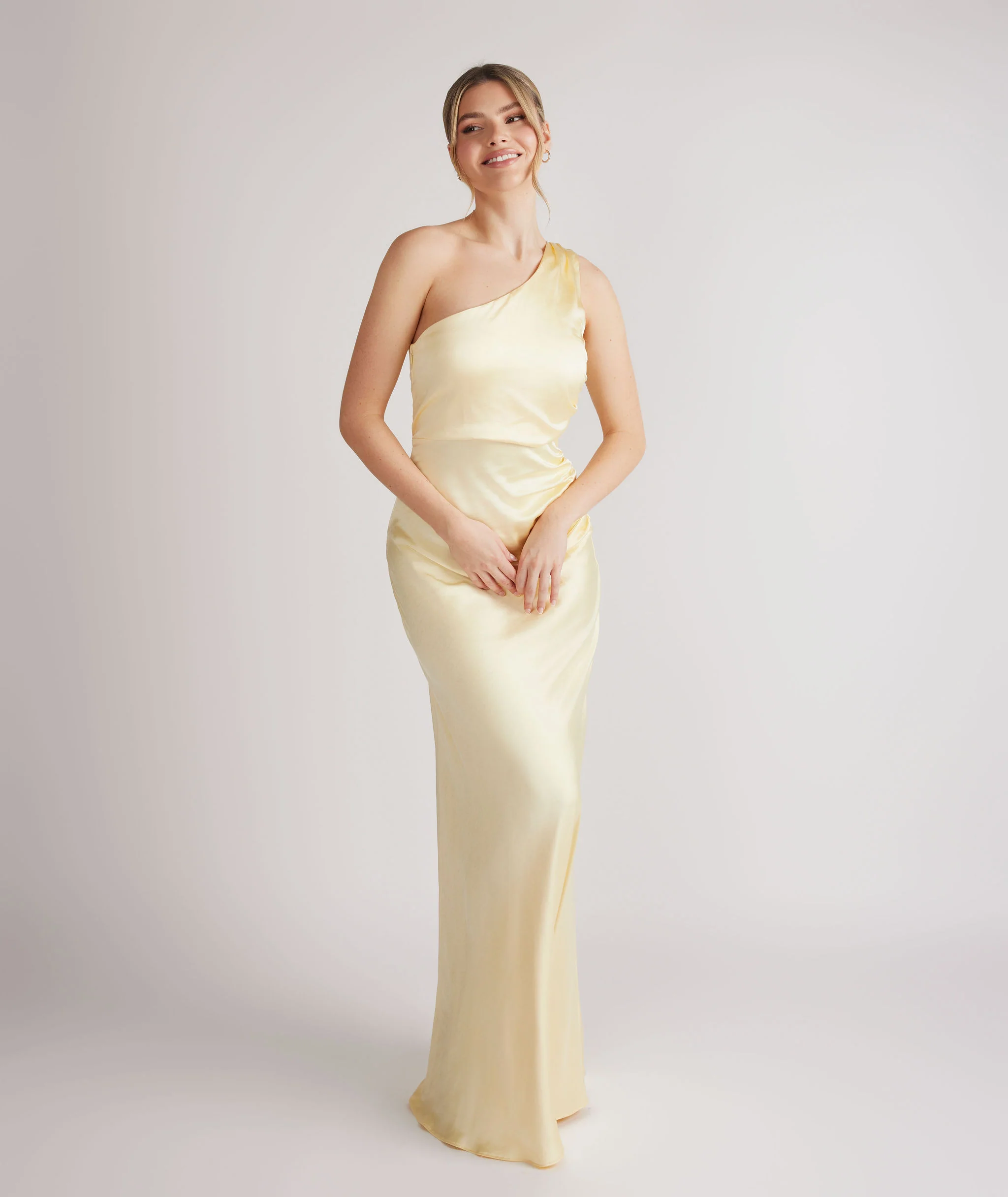 One Shoulder Satin Bridesmaid Dress - Butter Lemon - Image 5