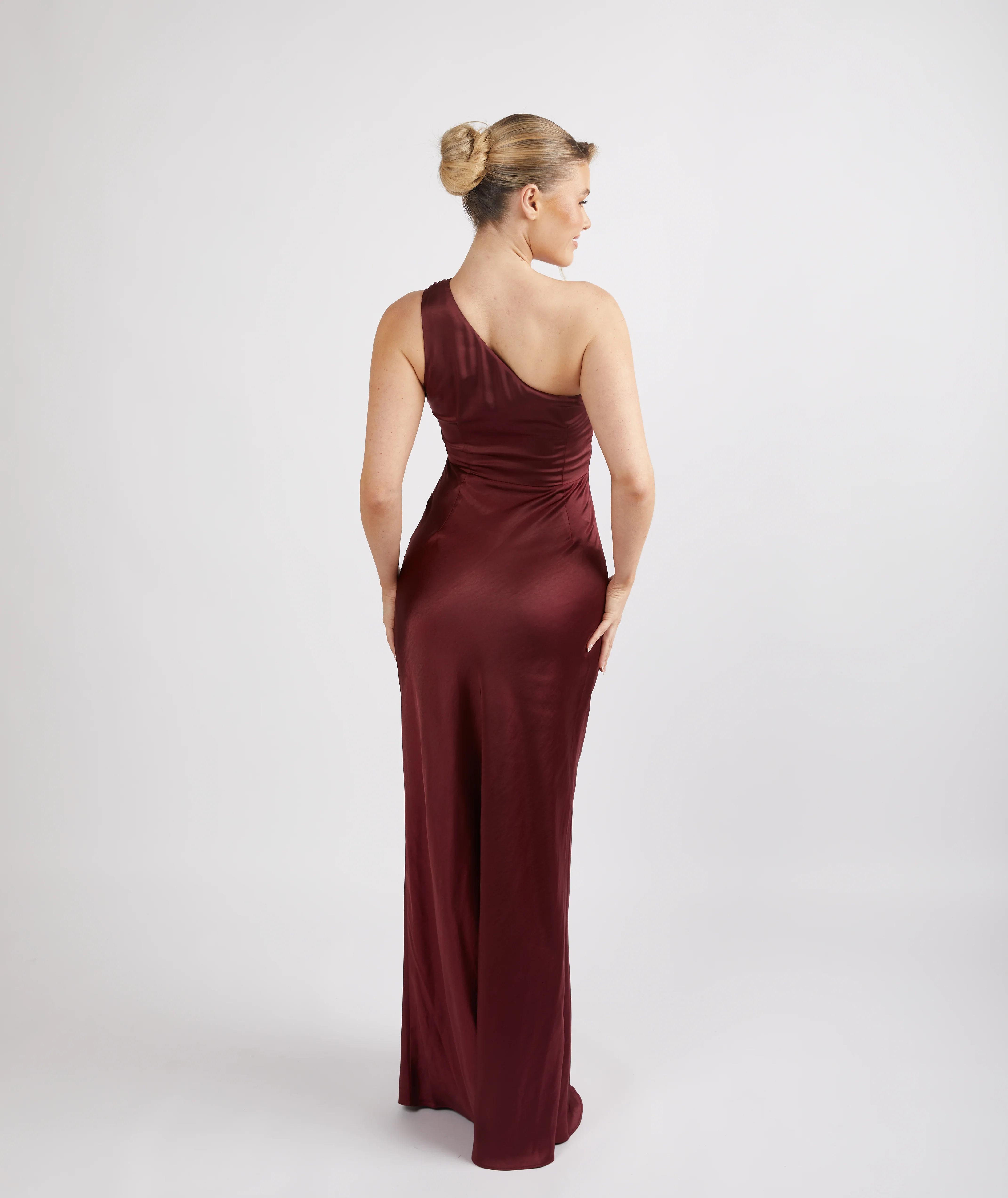One Shoulder Satin Bridesmaid Dress - Deep Wine - Image 3