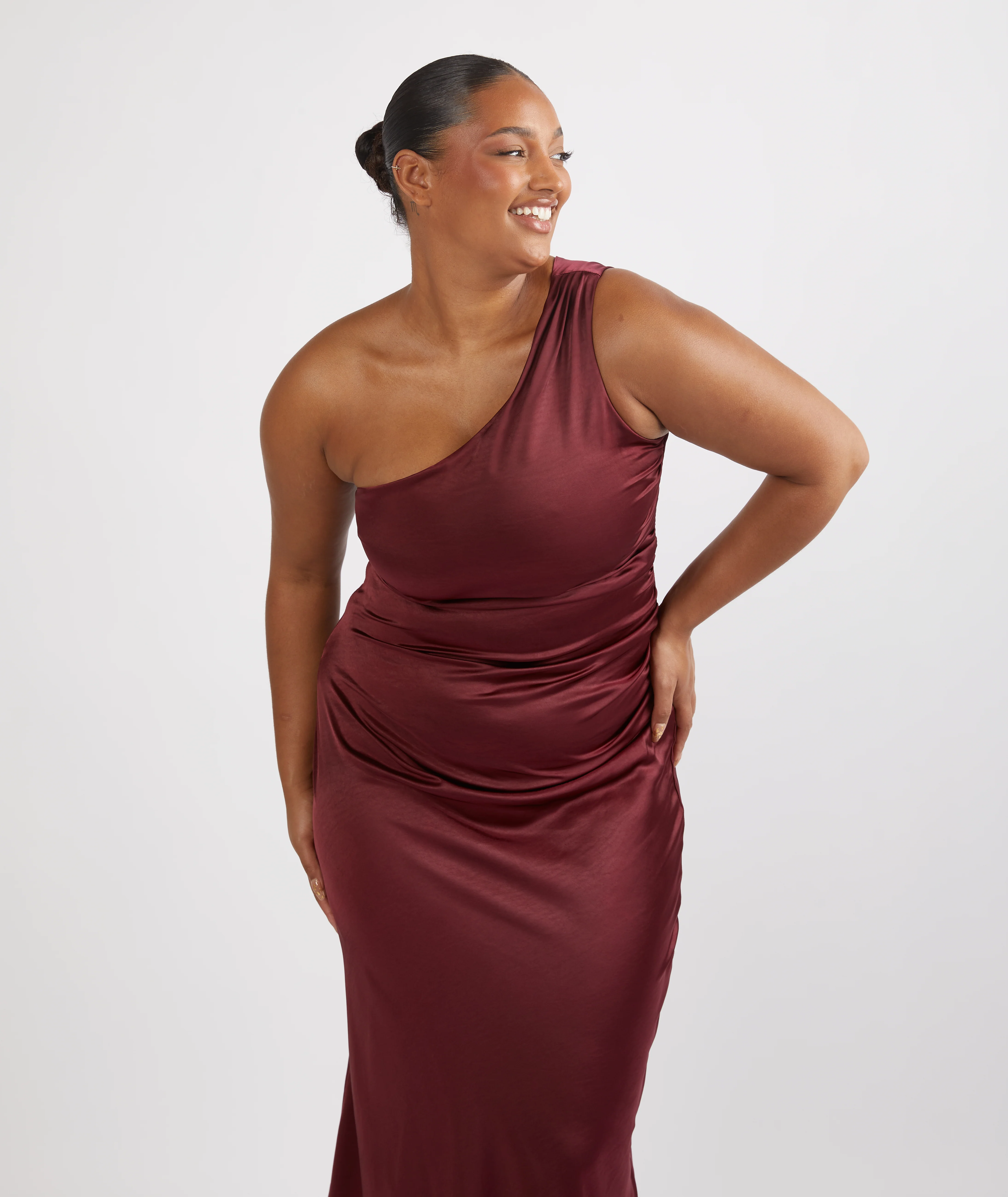 One Shoulder Satin Bridesmaid Dress - Deep Wine - Image 5