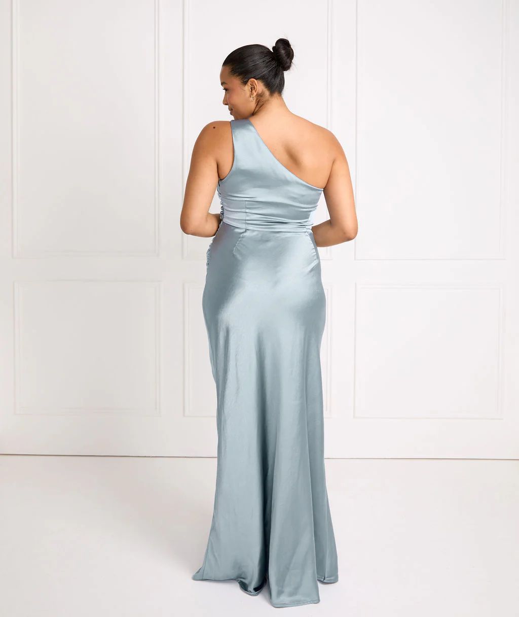 One Shoulder Satin Bridesmaid Dress - Dusty Blue - Image 4