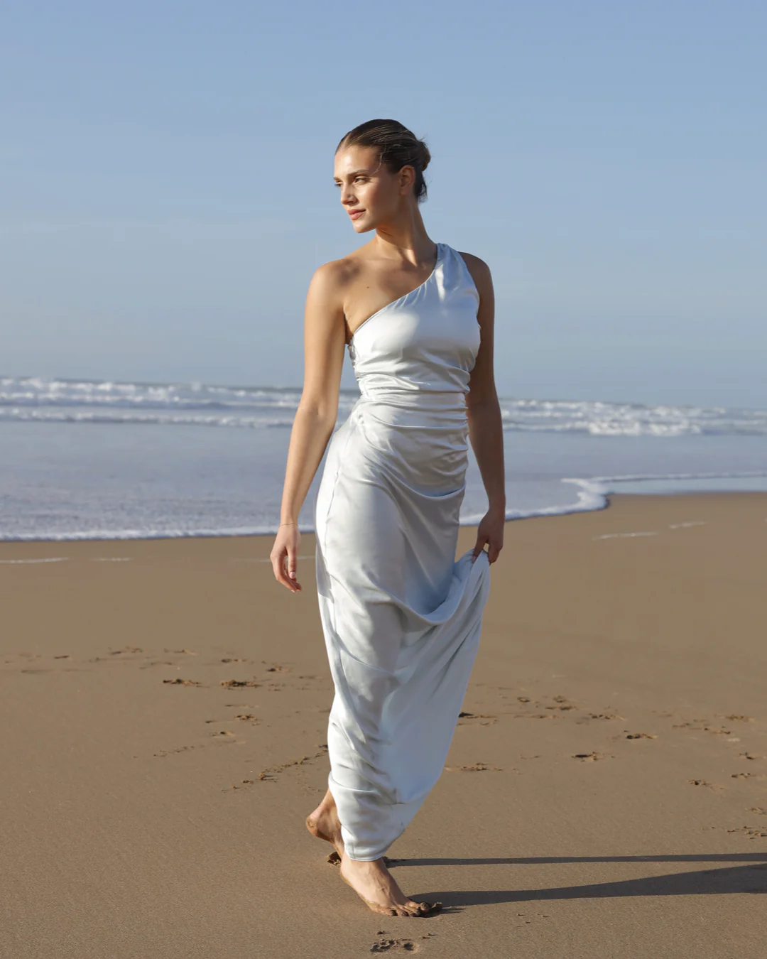 One Shoulder Satin Bridesmaid Dress - Ice Blue - Image 2