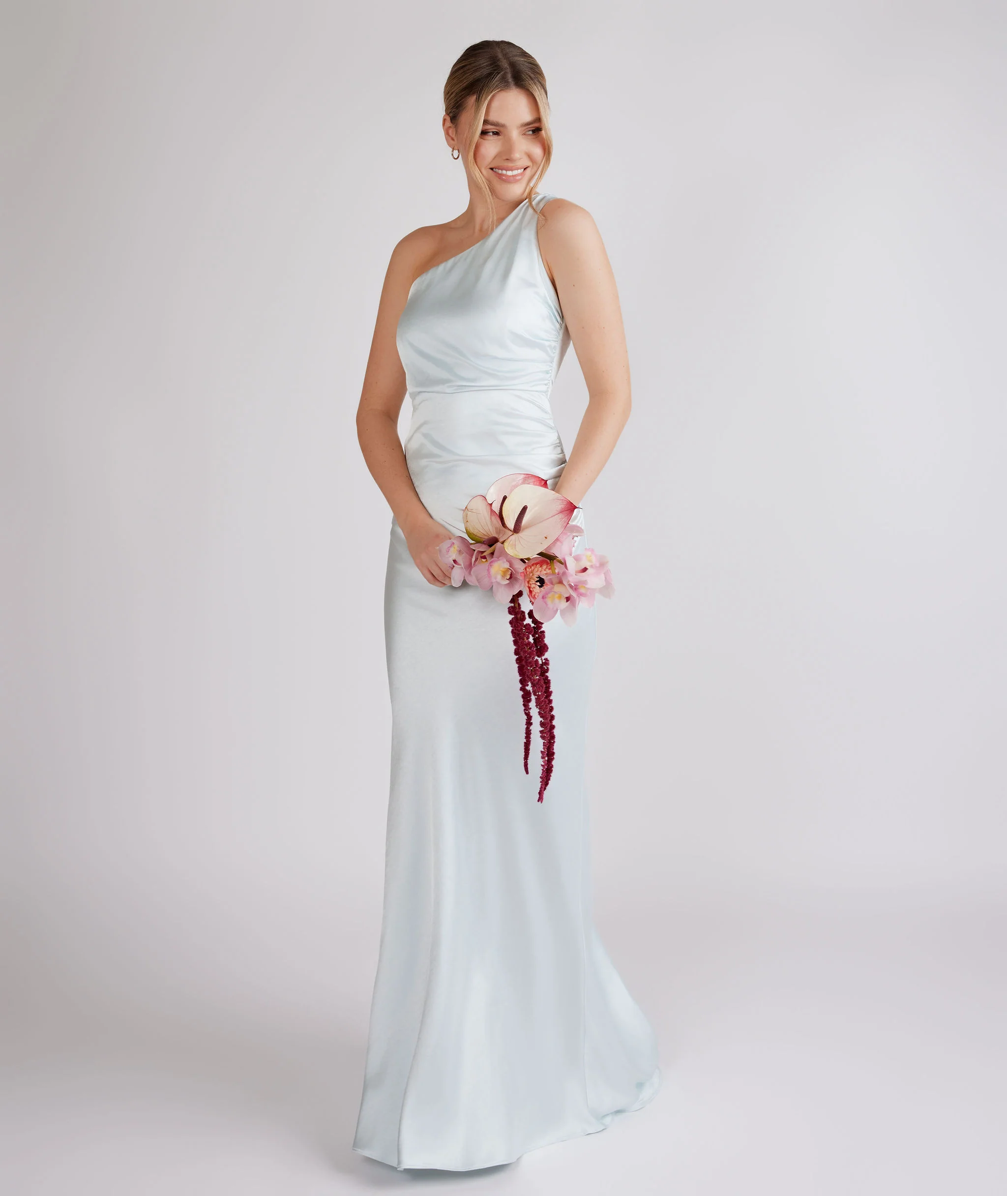 One Shoulder Satin Bridesmaid Dress - Ice Blue - Image 3