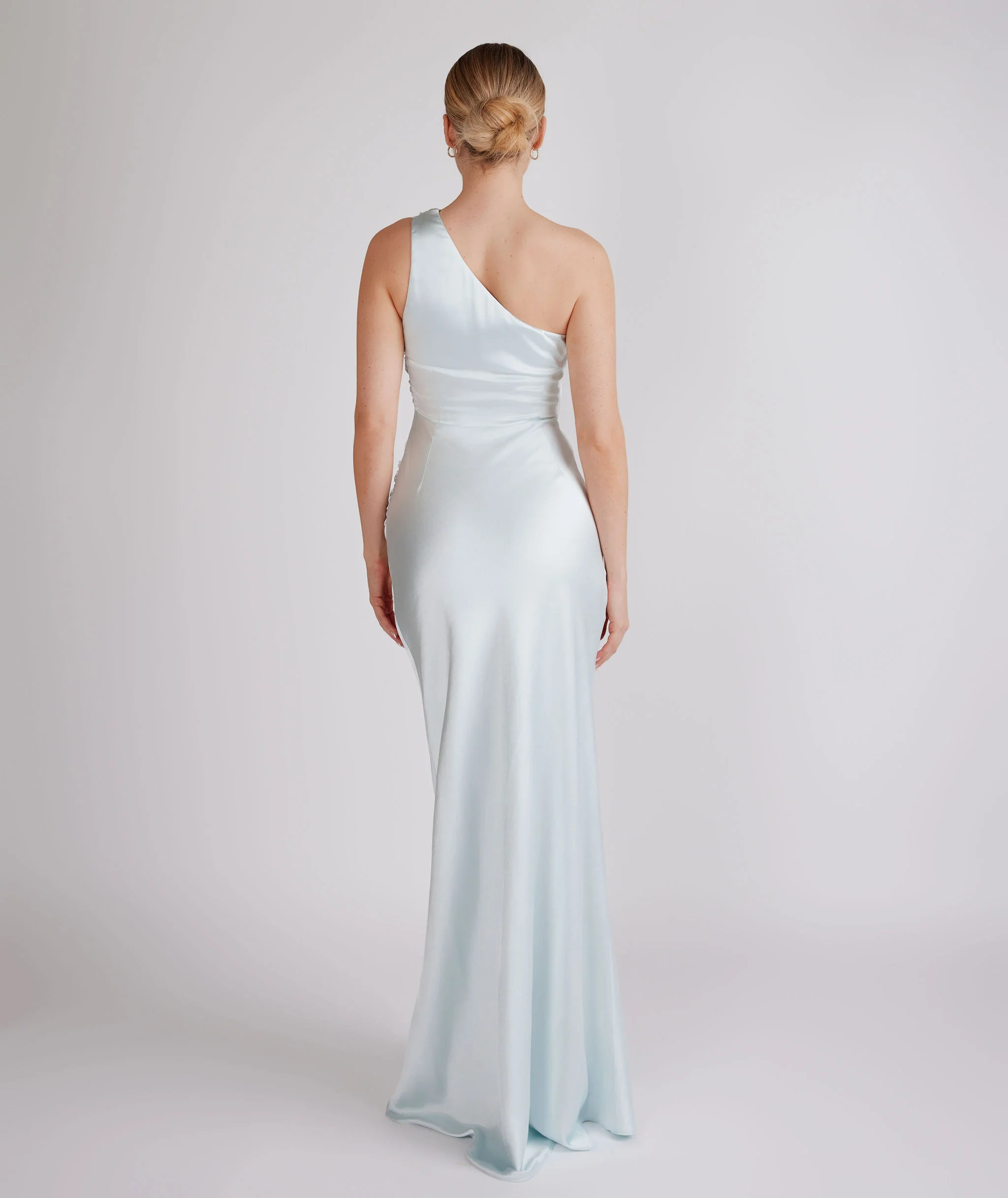 One Shoulder Satin Bridesmaid Dress - Ice Blue - Image 4