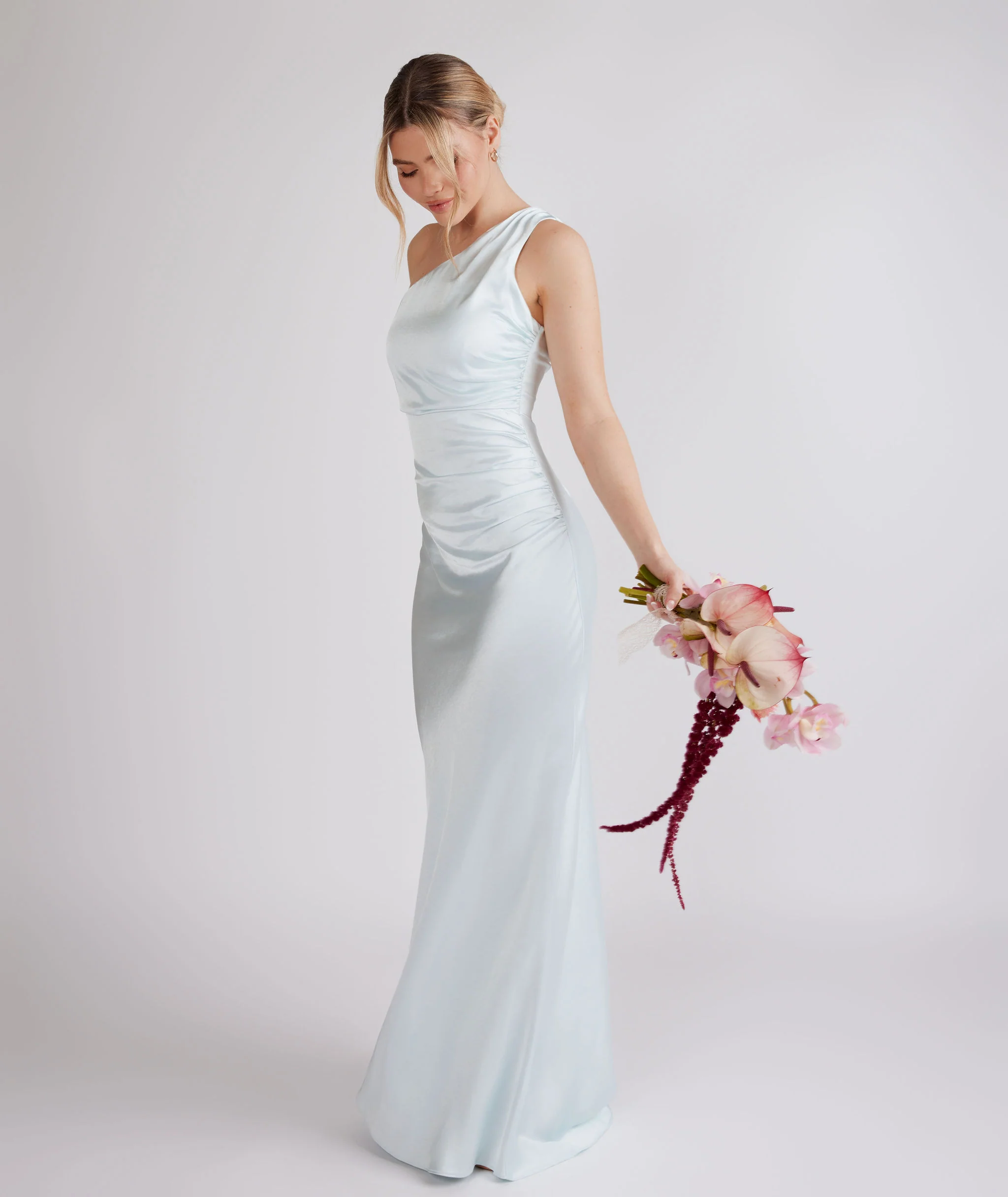 One Shoulder Satin Bridesmaid Dress - Ice Blue - Image 5