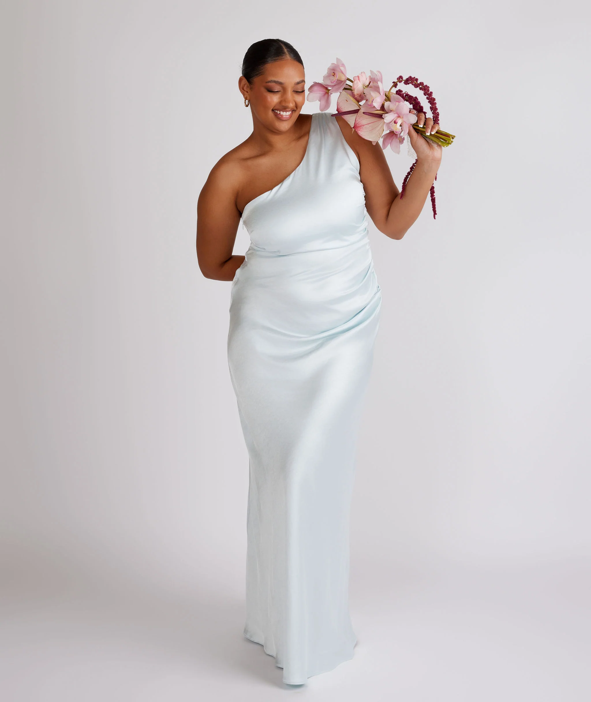 One Shoulder Satin Bridesmaid Dress - Ice Blue - Image 6