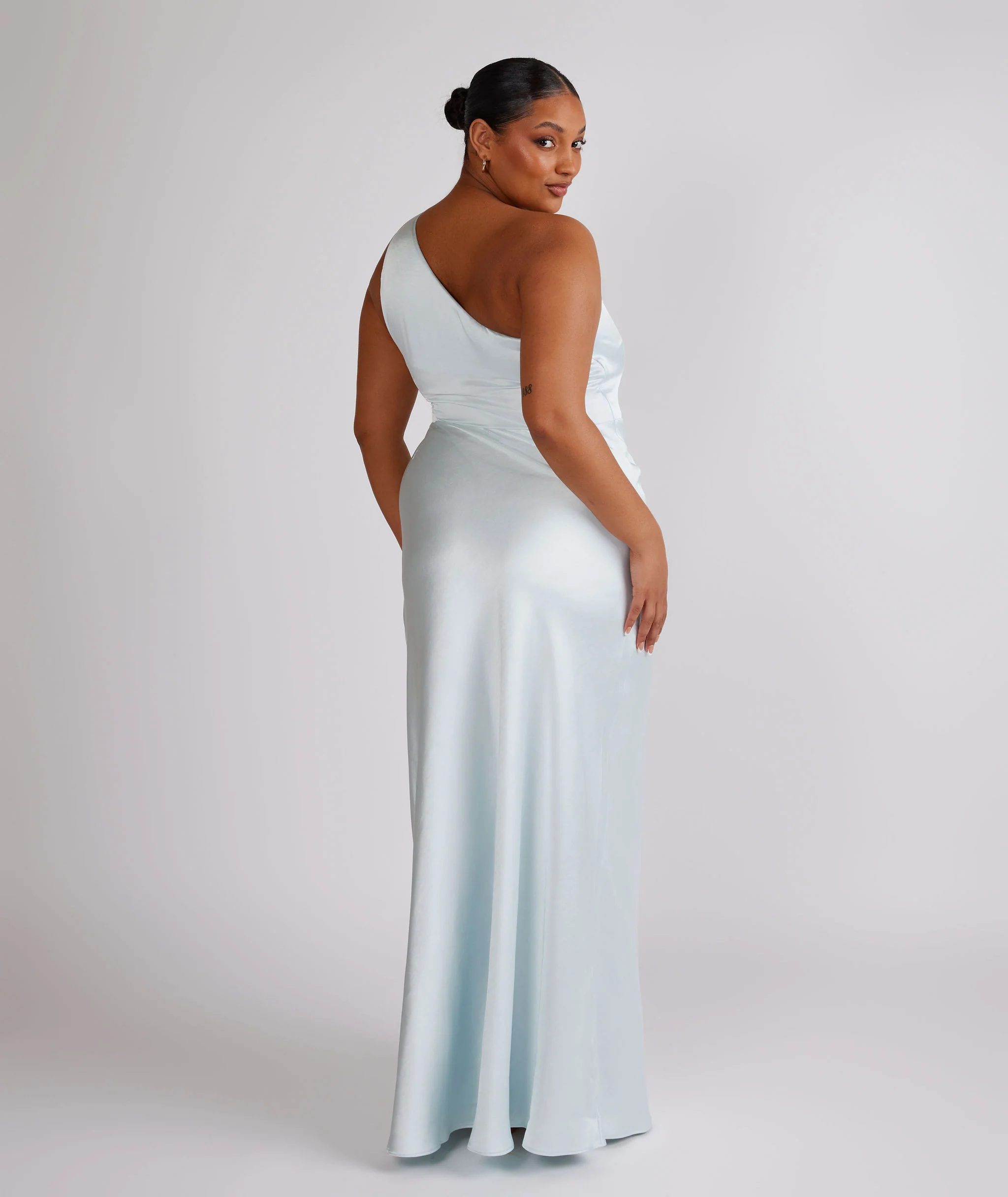 One Shoulder Satin Bridesmaid Dress - Ice Blue - Image 7