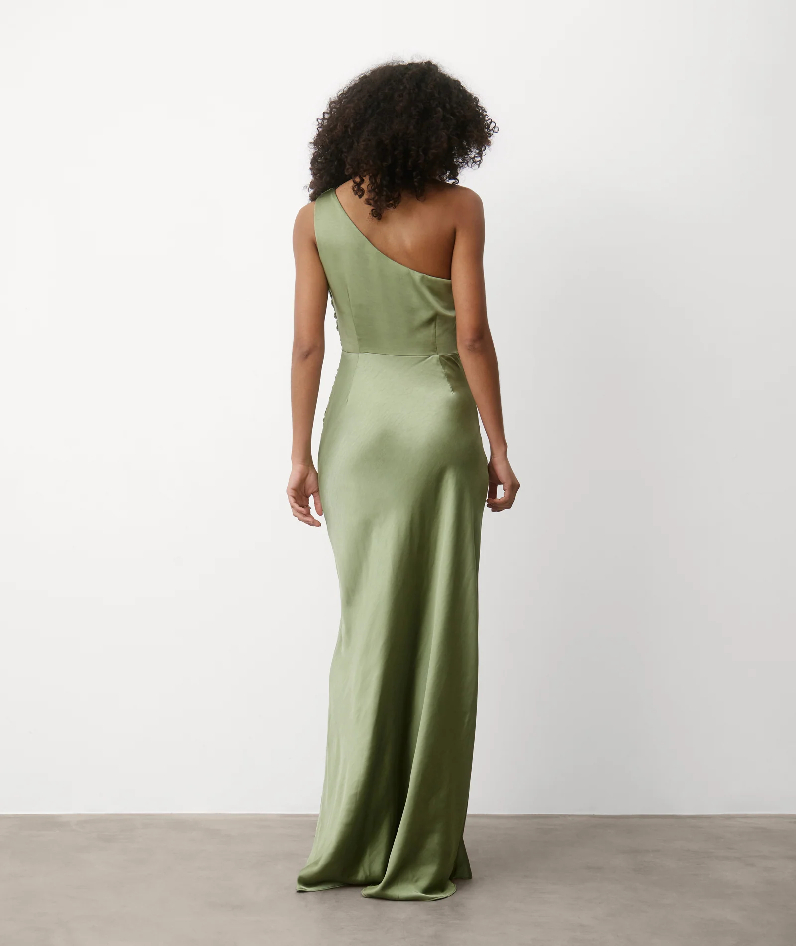 One Shoulder Satin Bridesmaid Dress - Moss Green - Image 3