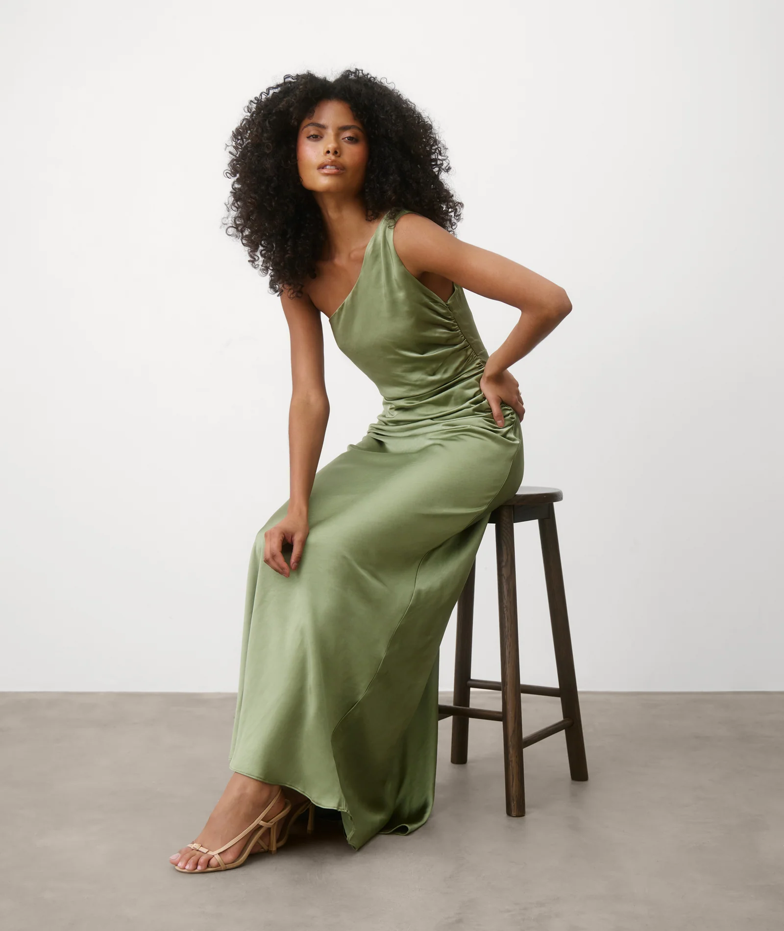 One Shoulder Satin Bridesmaid Dress - Moss Green - Image 4