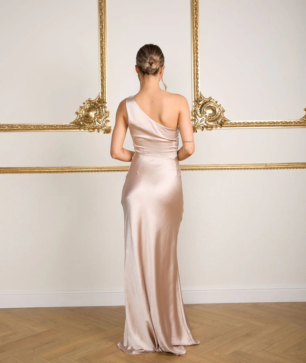 One Shoulder Satin Bridesmaid Dress - Oyster - Image 3