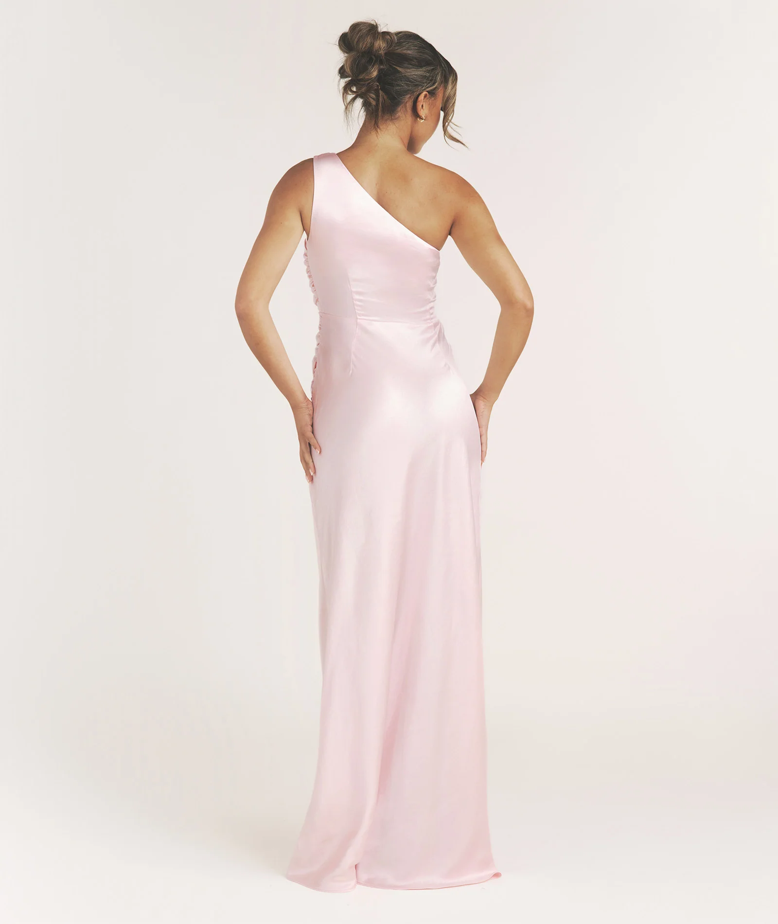 One Shoulder Satin Bridesmaid Dress - Pale Pink - Image 2