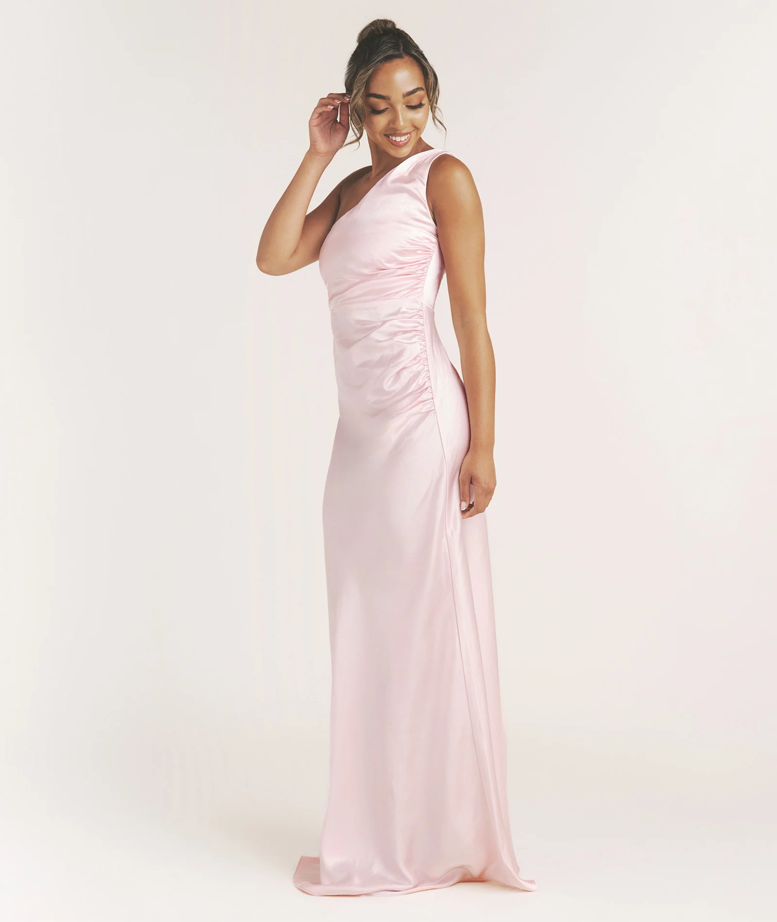 One Shoulder Satin Bridesmaid Dress - Pale Pink - Image 4