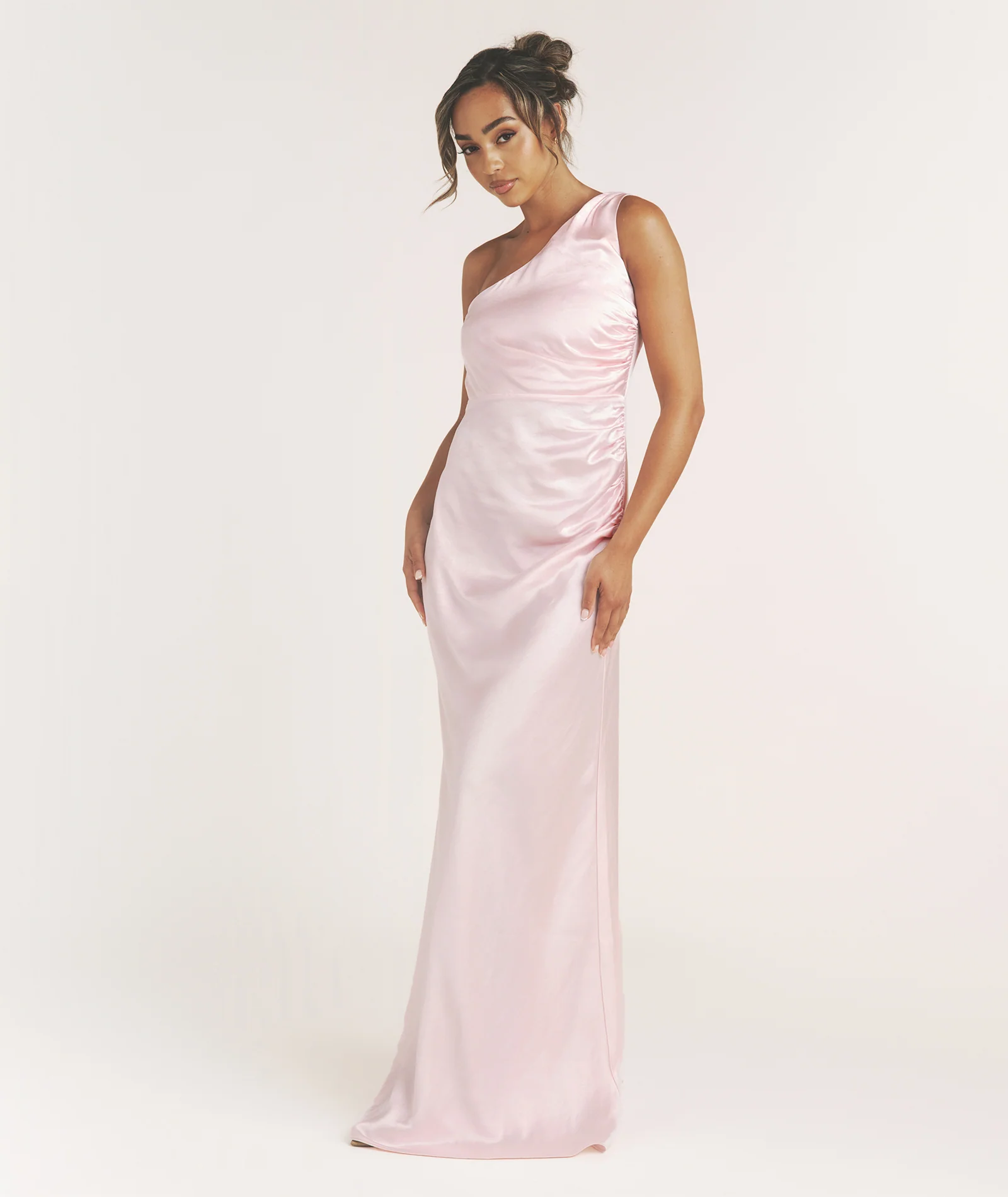 One Shoulder Satin Bridesmaid Dress - Pale Pink - Image 5