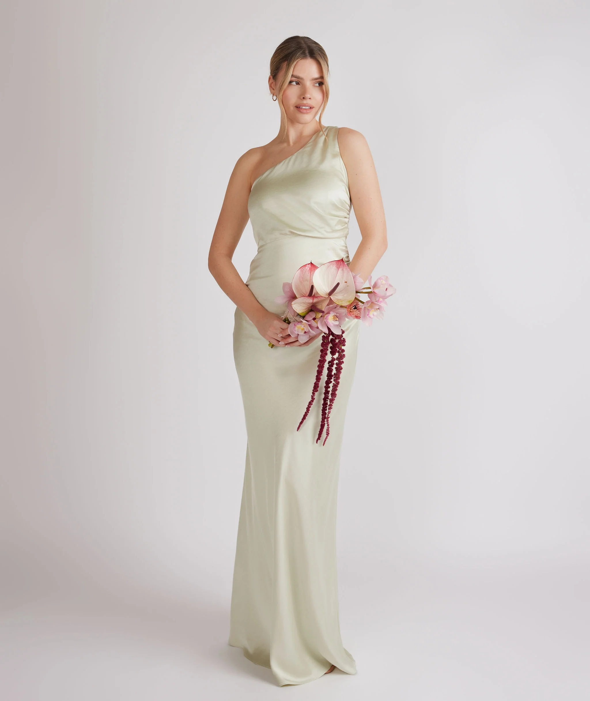 One Shoulder Satin Bridesmaid Dress - Pear Green
