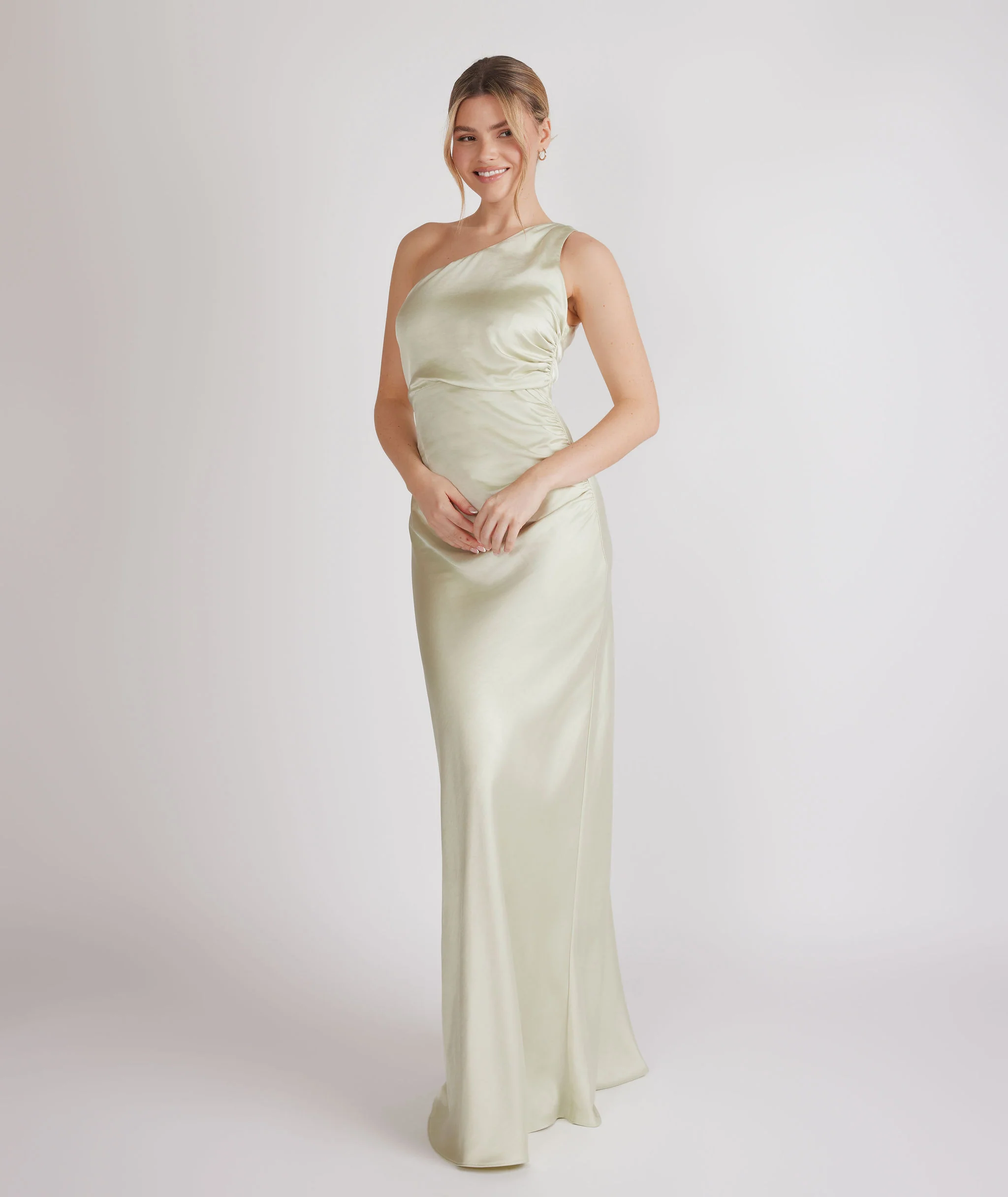 One Shoulder Satin Bridesmaid Dress - Pear Green - Image 3
