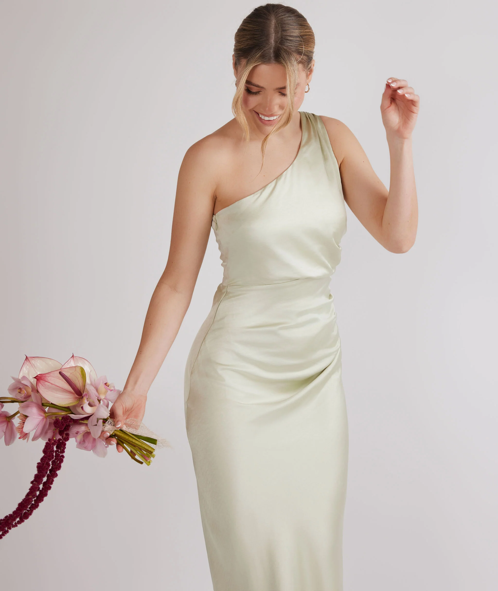 One Shoulder Satin Bridesmaid Dress - Pear Green - Image 4