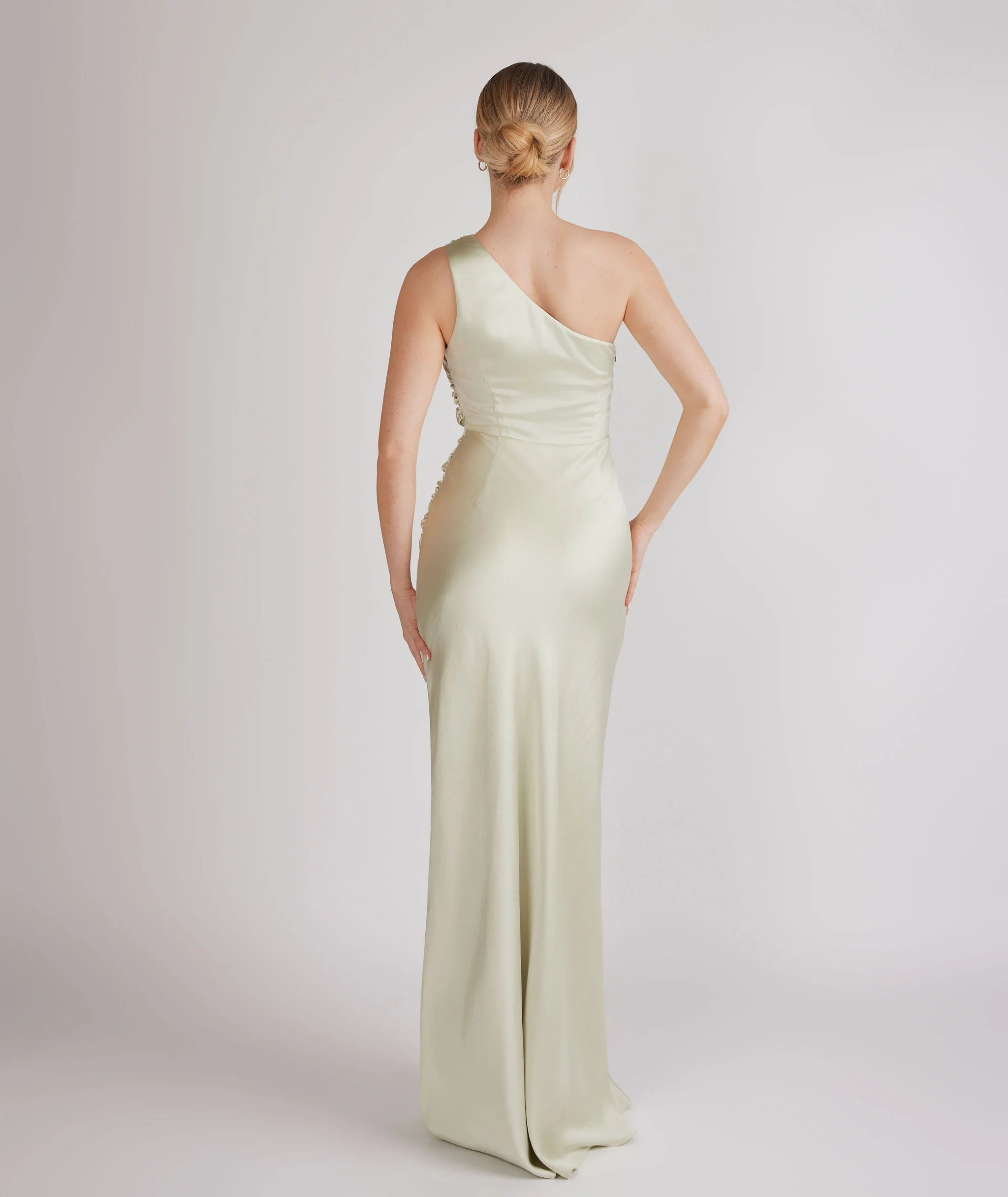 One Shoulder Satin Bridesmaid Dress - Pear Green - Image 5