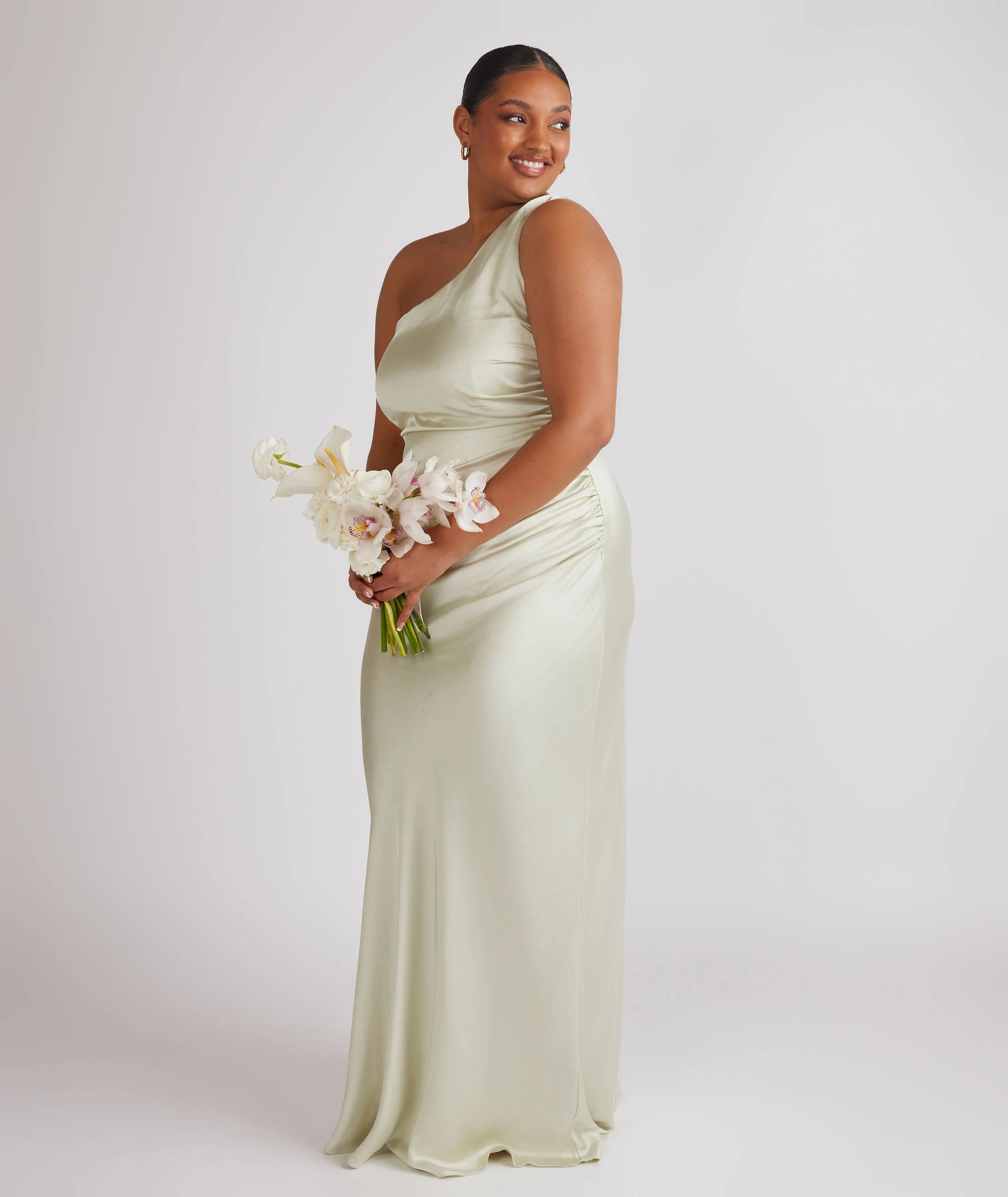 One Shoulder Satin Bridesmaid Dress - Pear Green - Image 6