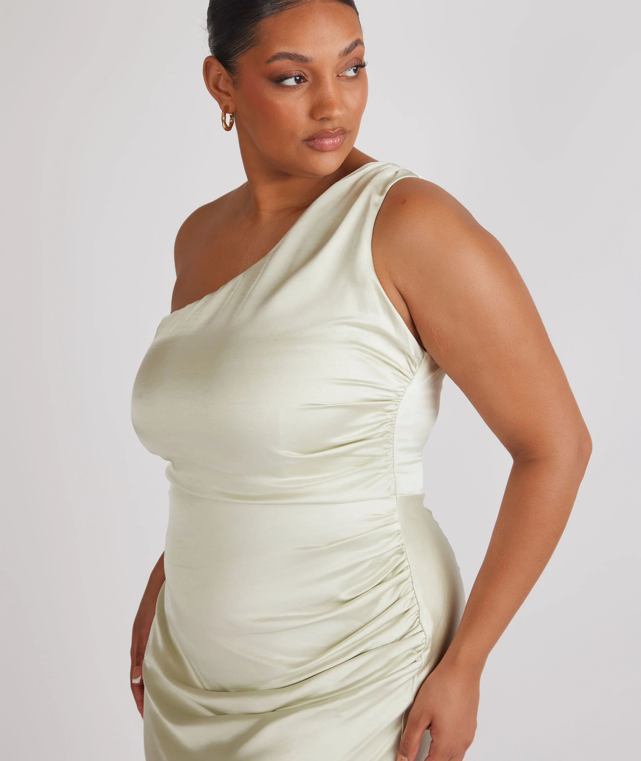 One Shoulder Satin Bridesmaid Dress - Pear Green - Image 7