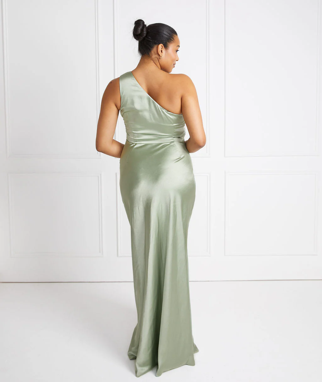 One Shoulder Satin Bridesmaid Dress - Sage - Image 3