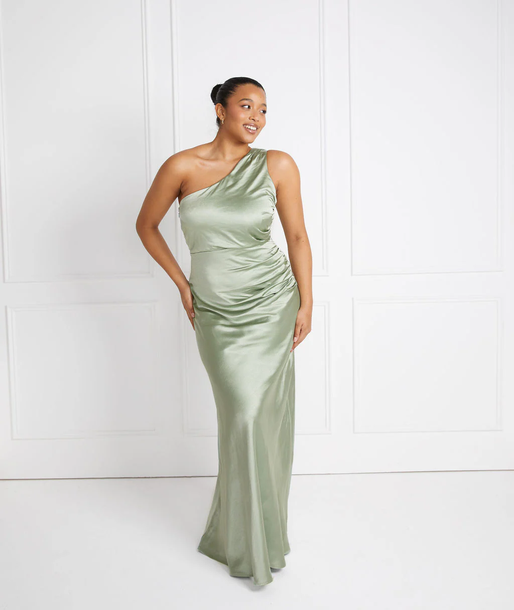One Shoulder Satin Bridesmaid Dress - Sage - Image 4