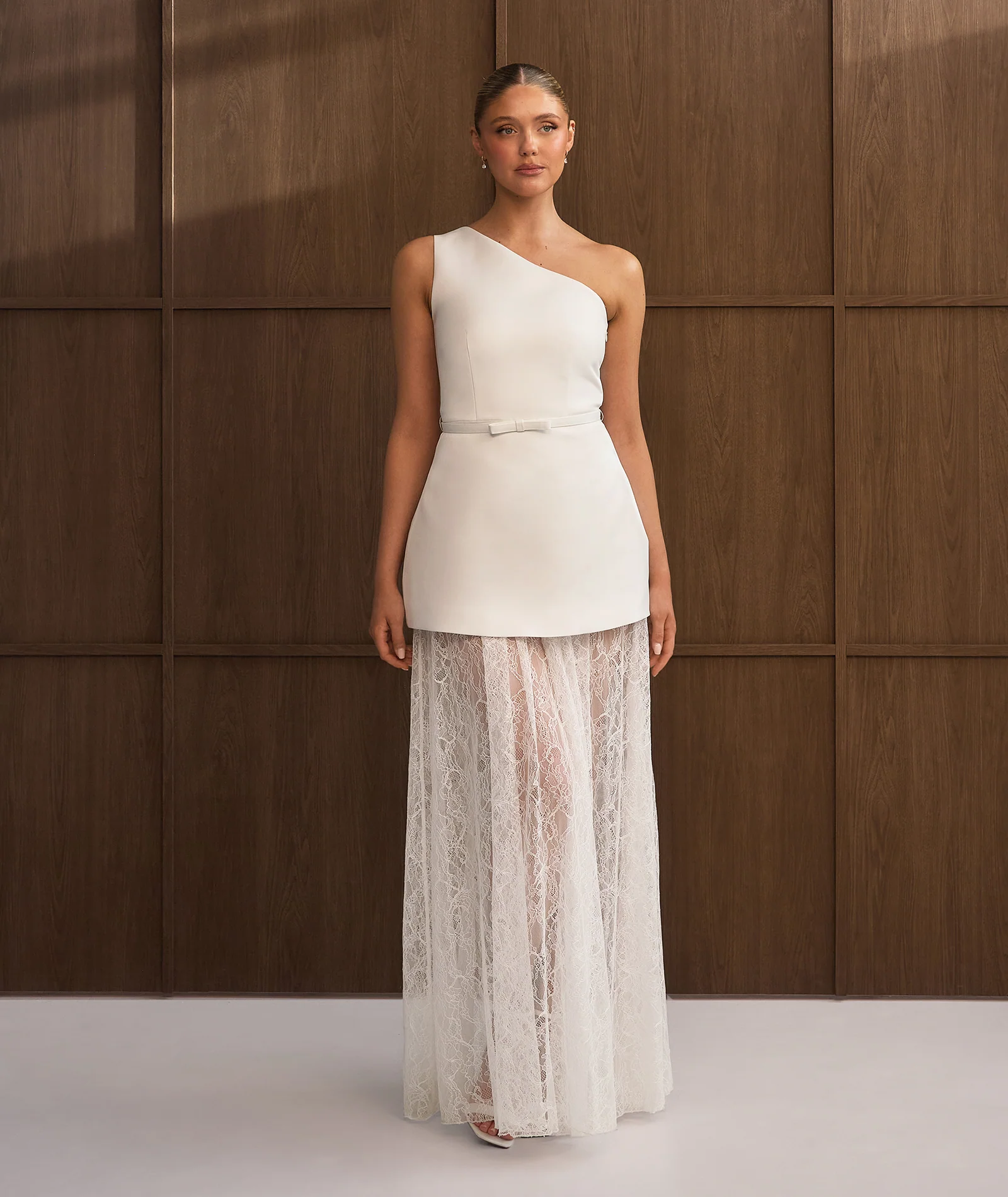 One Shoulder Satin Dress with Lace Skirt - White